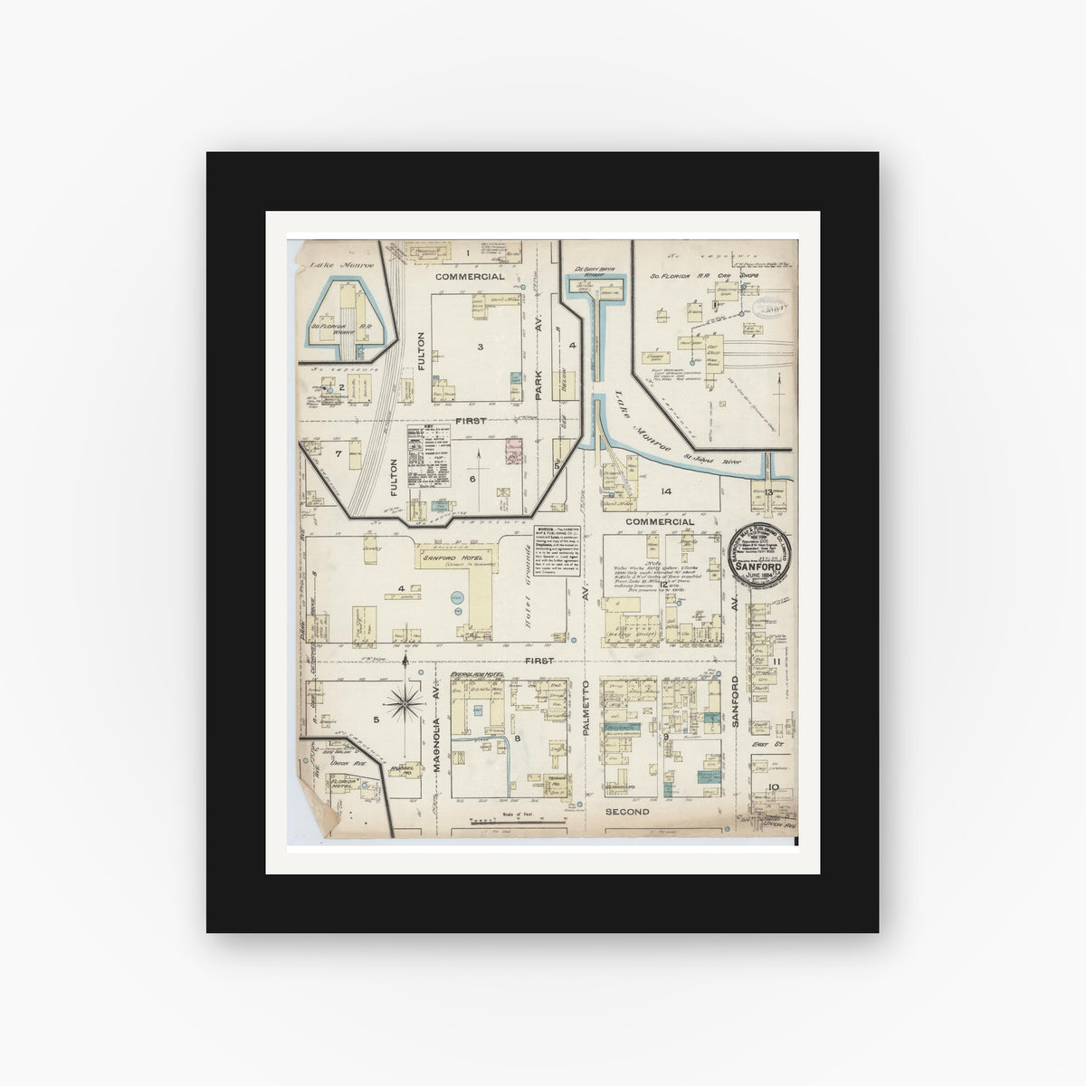 Old map wall art mockup — black gallery frame with white mat — Sanborn Fire Insurance Map from Sanford, Seminole County, Florida (1884), Sheet #0001