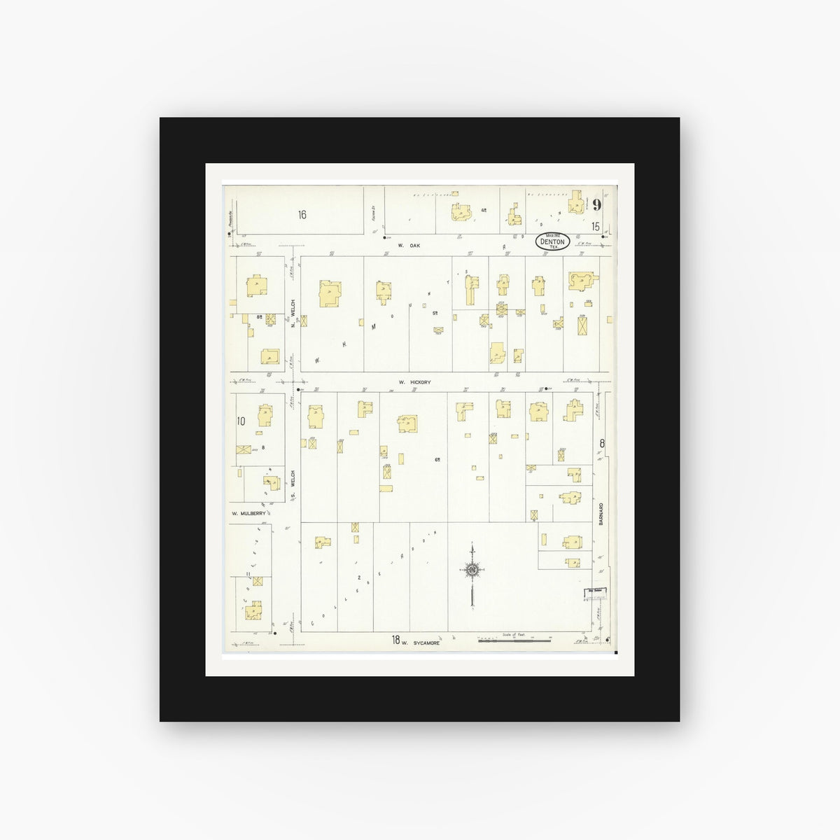 Old map wall art mockup — black gallery frame with white mat — Sanborn Fire Insurance Map from Denton, Denton County, Texas (1912), Sheet #0009