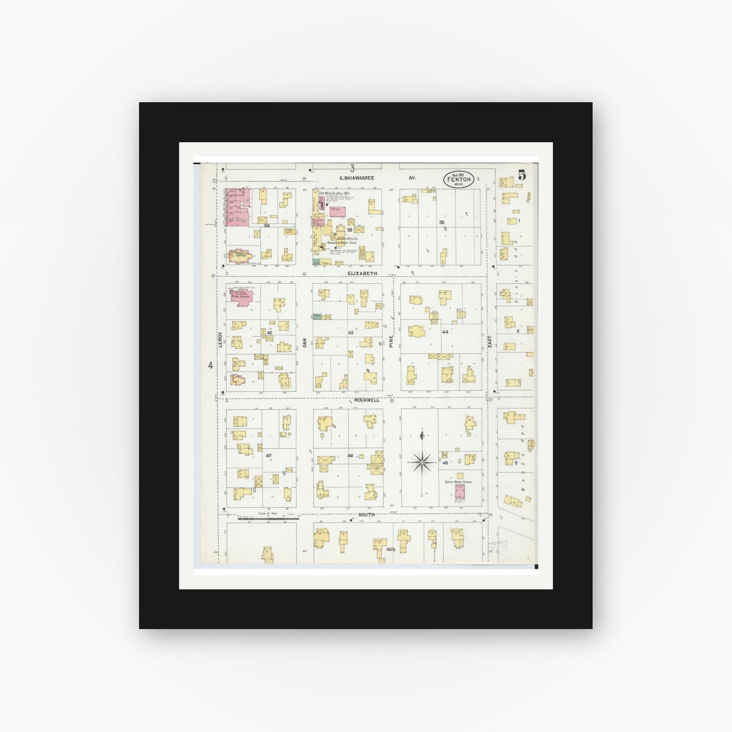 Old map wall art mockup — black gallery frame with white mat — Sanborn Fire Insurance Map from Fenton, Genesee County, Michigan (1901), Sheet #0005
