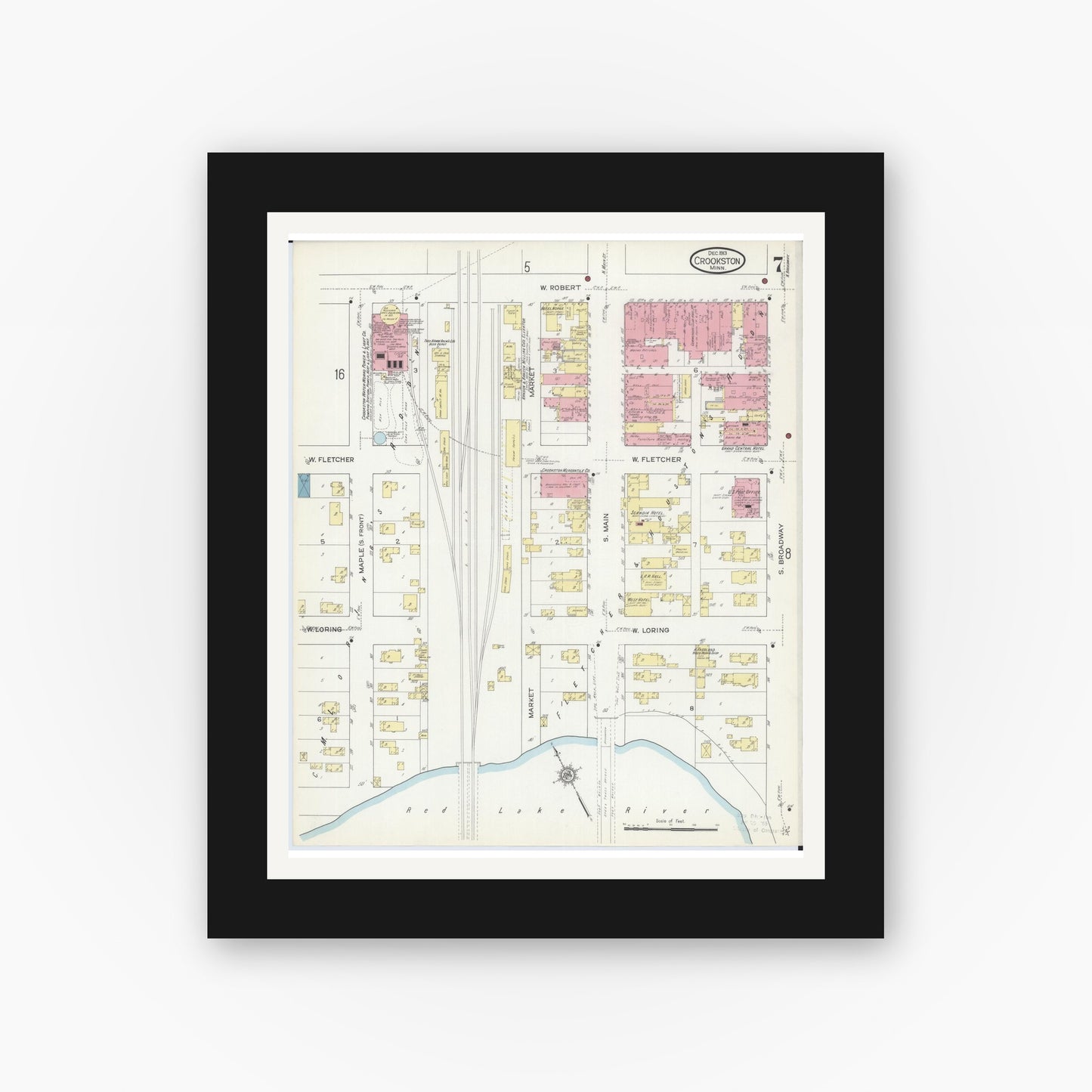 Old map wall art mockup — black gallery frame with white mat — Sanborn Fire Insurance Map from Crookston, Polk County, Minnesota (1913), Sheet #0007