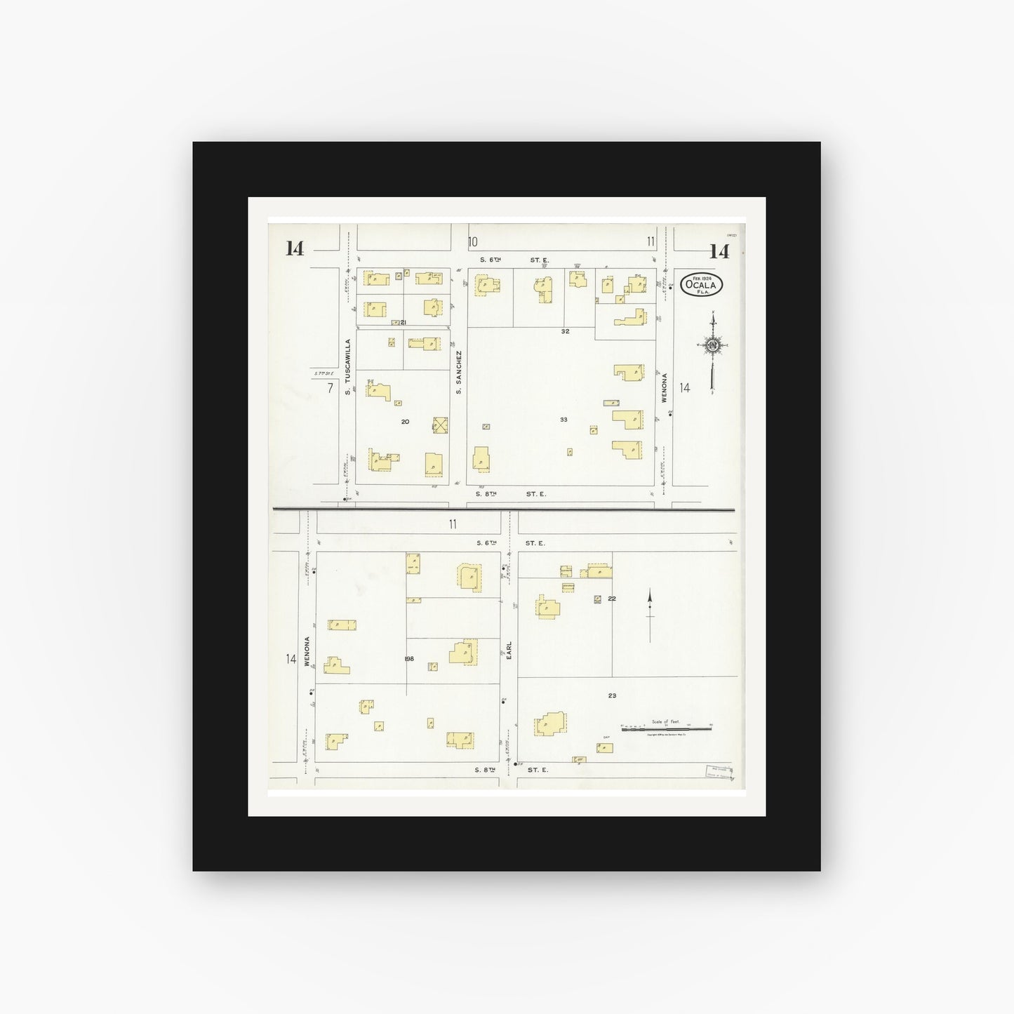 Old map wall art mockup — black gallery frame with white mat — Sanborn Fire Insurance Map from Ocala, Marion County, Florida (1924), Sheet #0014