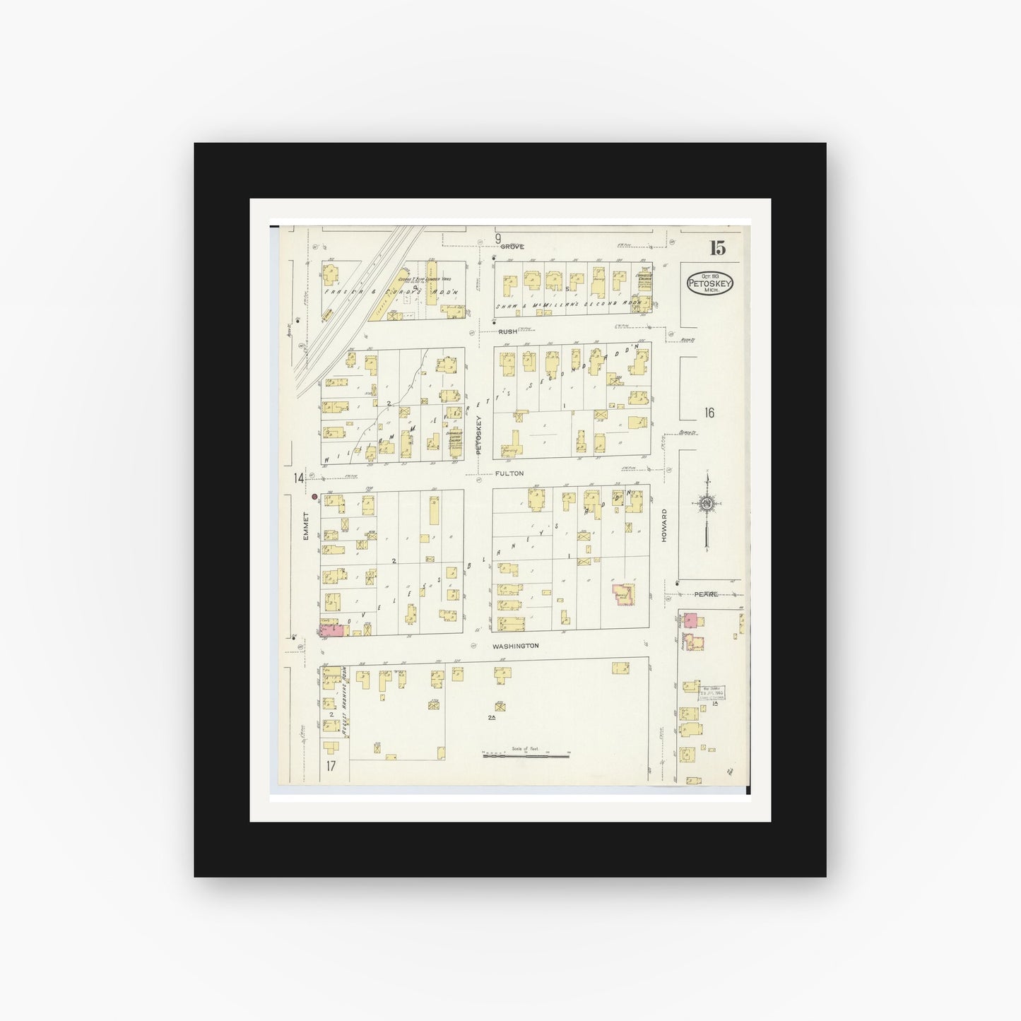Old map wall art mockup — black gallery frame with white mat — Sanborn Fire Insurance Map from Petoskey, Emmet County, Michigan (1913), Sheet #0015