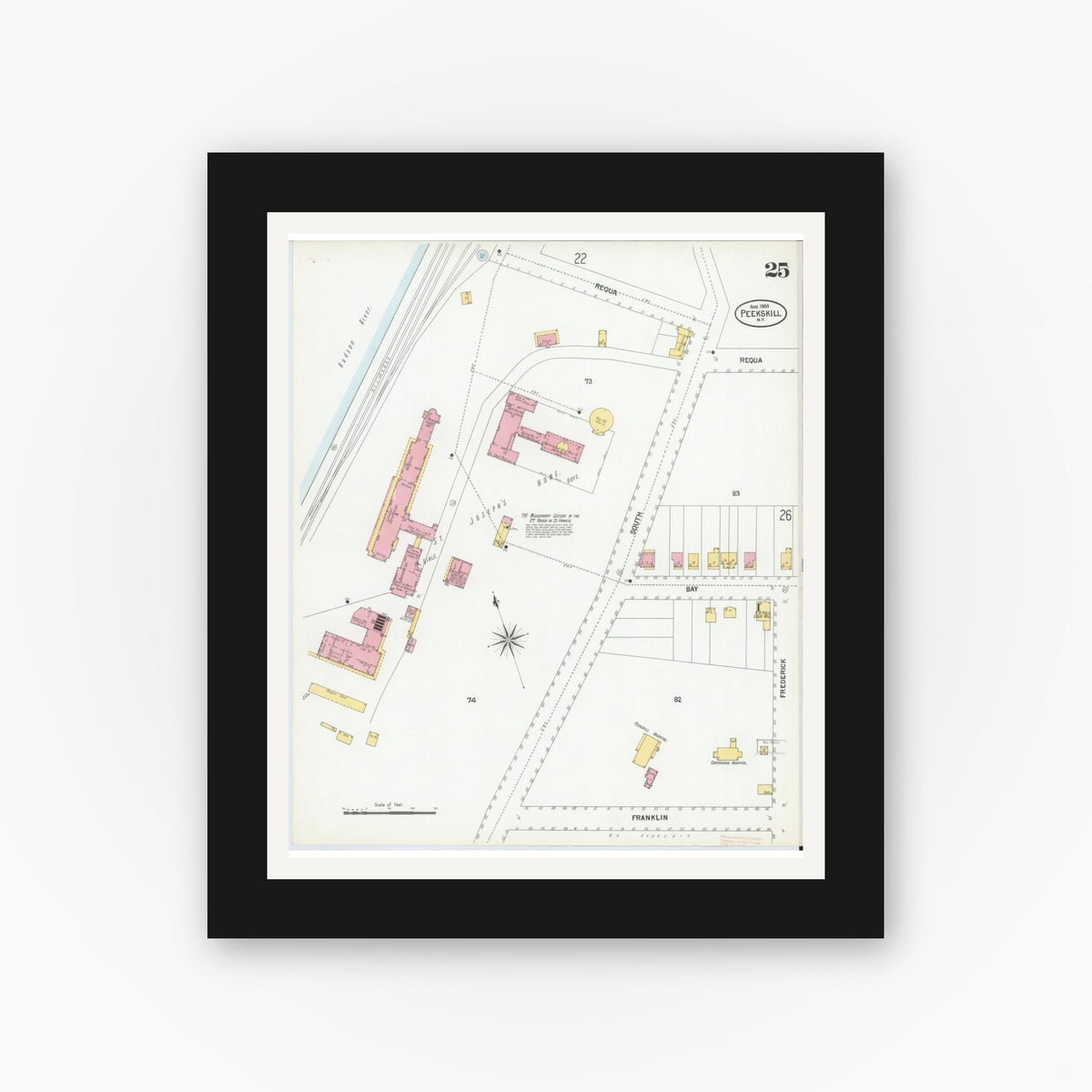 Old map wall art mockup — black gallery frame with white mat — Sanborn Fire Insurance Map from Peekskill, Westchester County, New York (1900), Sheet #0025