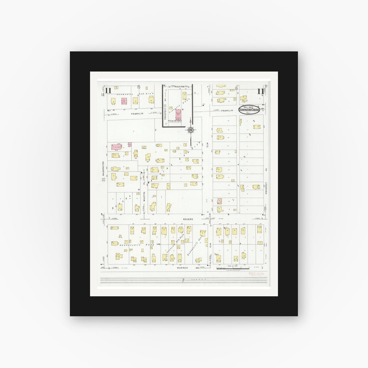 Old map wall art mockup — black gallery frame with white mat — Sanborn Fire Insurance Map from Downers Grove, Dupage County, Illinois (1927), Sheet #0011