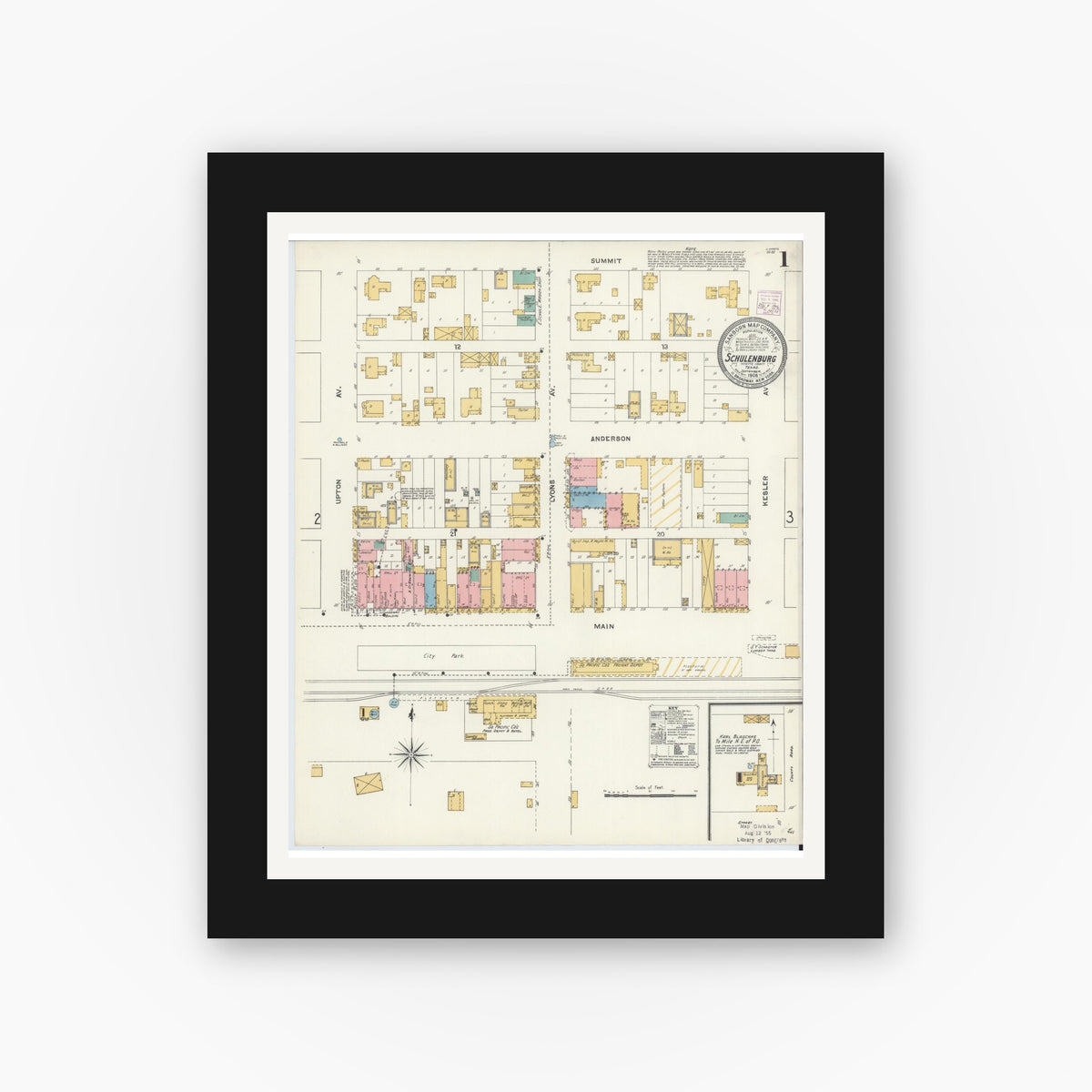 Old map wall art mockup — black gallery frame with white mat — Sanborn Fire Insurance Map from Schulenburg, Fayette County, Texas (1906) - Complete Map Set