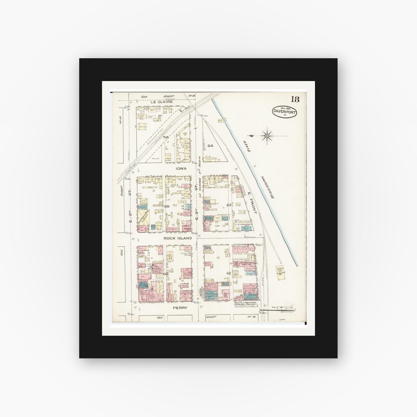 Old map wall art mockup β black gallery frame with white mat β Sanborn Fire Insurance Map from Davenport, Scott County, Iowa (1886), Sheet #0018