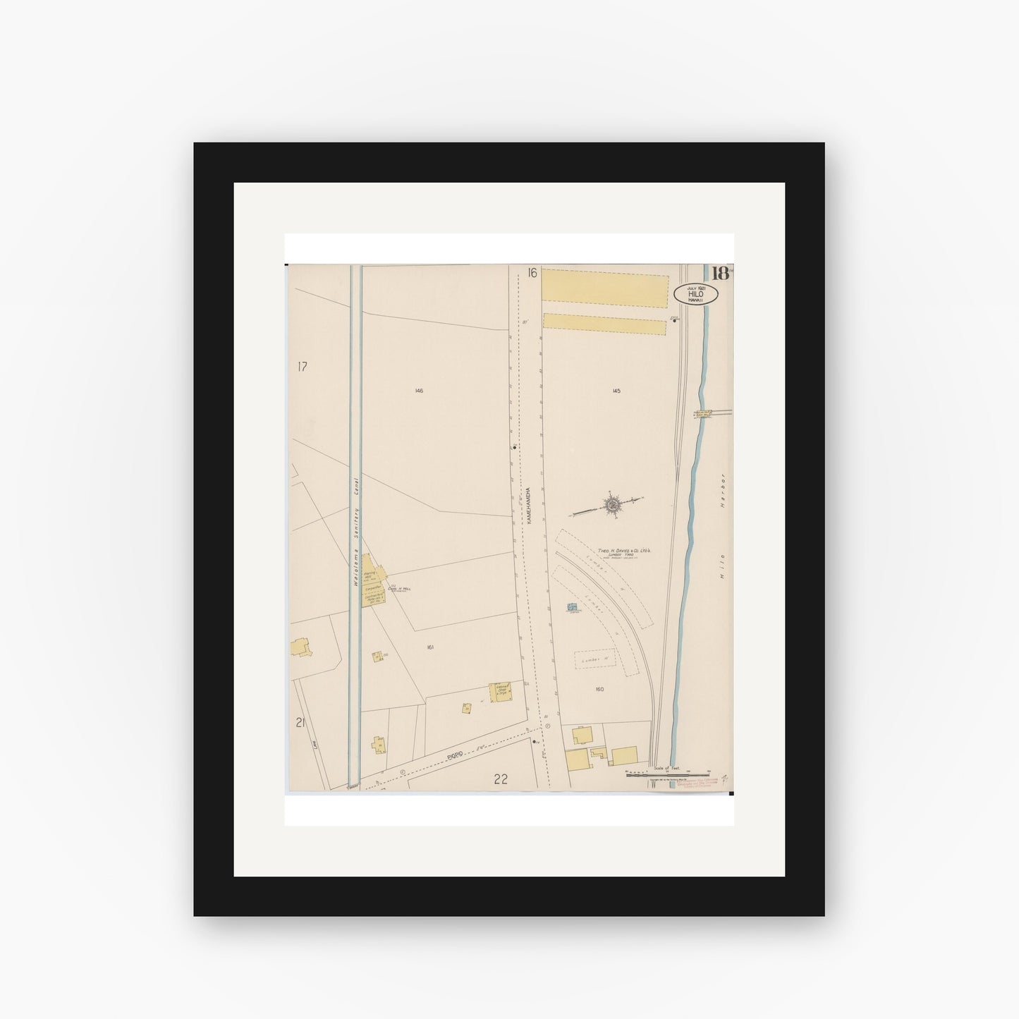 Old map wall art mockup — black gallery frame with white mat — Sanborn Fire Insurance Map from Hilo, Hawaii County, Hawaii (1921), Sheet #0018