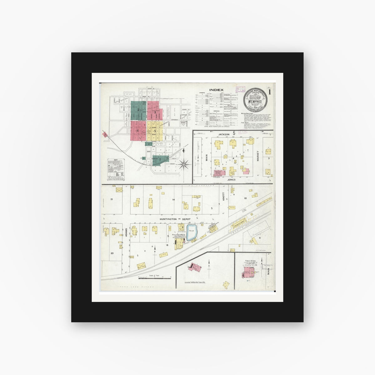 Old map wall art mockup — black gallery frame with white mat — Sanborn Fire Insurance Map from Memphis, Scotland County, Missouri (1909) - Complete Map Set