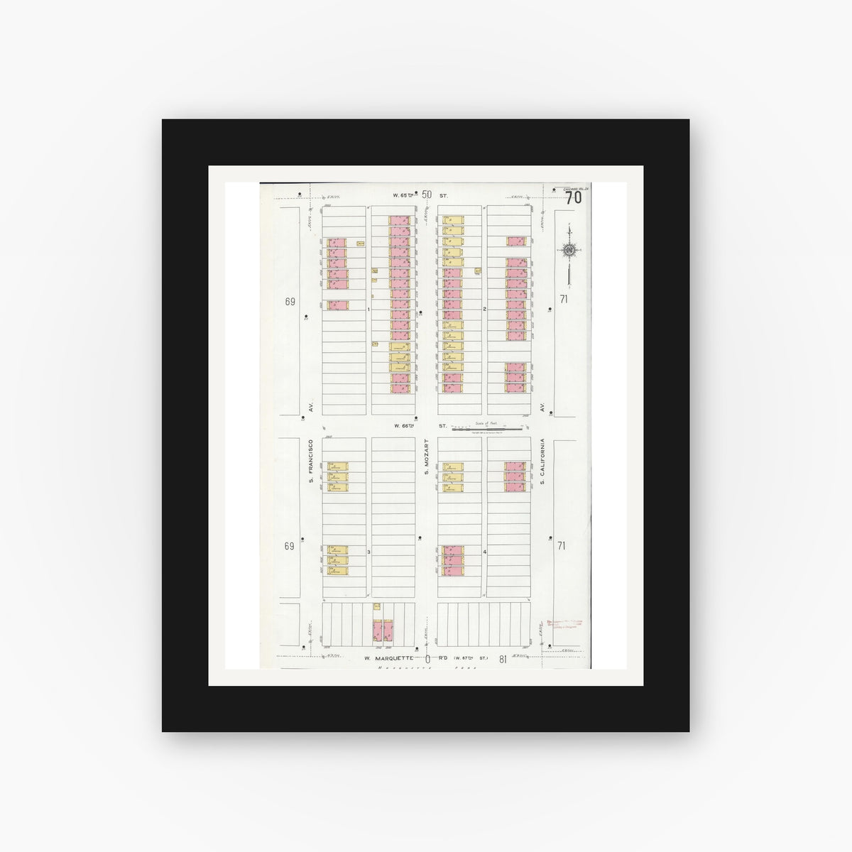Old map wall art mockup — black gallery frame with white mat — Sanborn Fire Insurance Map from Chicago, Cook County, Illinois (1920), Sheet #0070