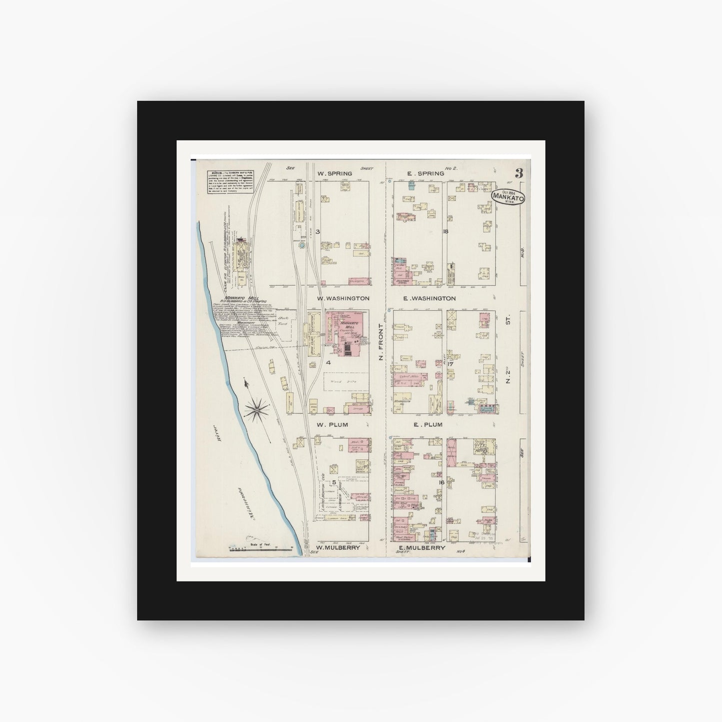 Old map wall art mockup — black gallery frame with white mat — Sanborn Fire Insurance Map from Mankato, Blue Earth County, Minnesota (1884), Sheet #0003