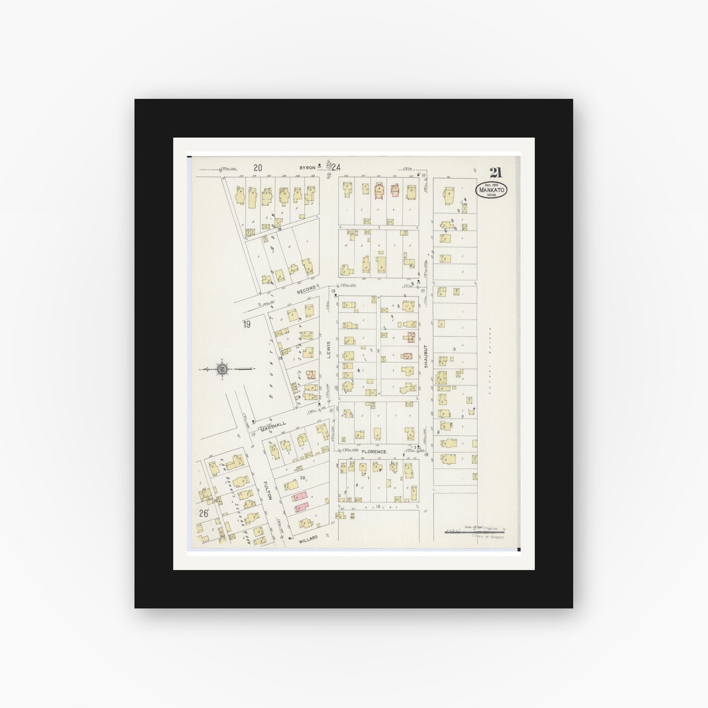 Old map wall art mockup — black gallery frame with white mat — Sanborn Fire Insurance Map from Mankato, Blue Earth County, Minnesota (1914), Sheet #0021