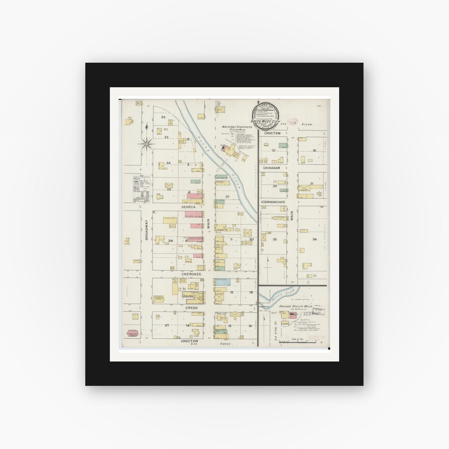 Old map wall art mockup — black gallery frame with white mat — Sanborn Fire Insurance Map from Southwest City, Mcdonald County, Missouri (1894), Sheet #0001