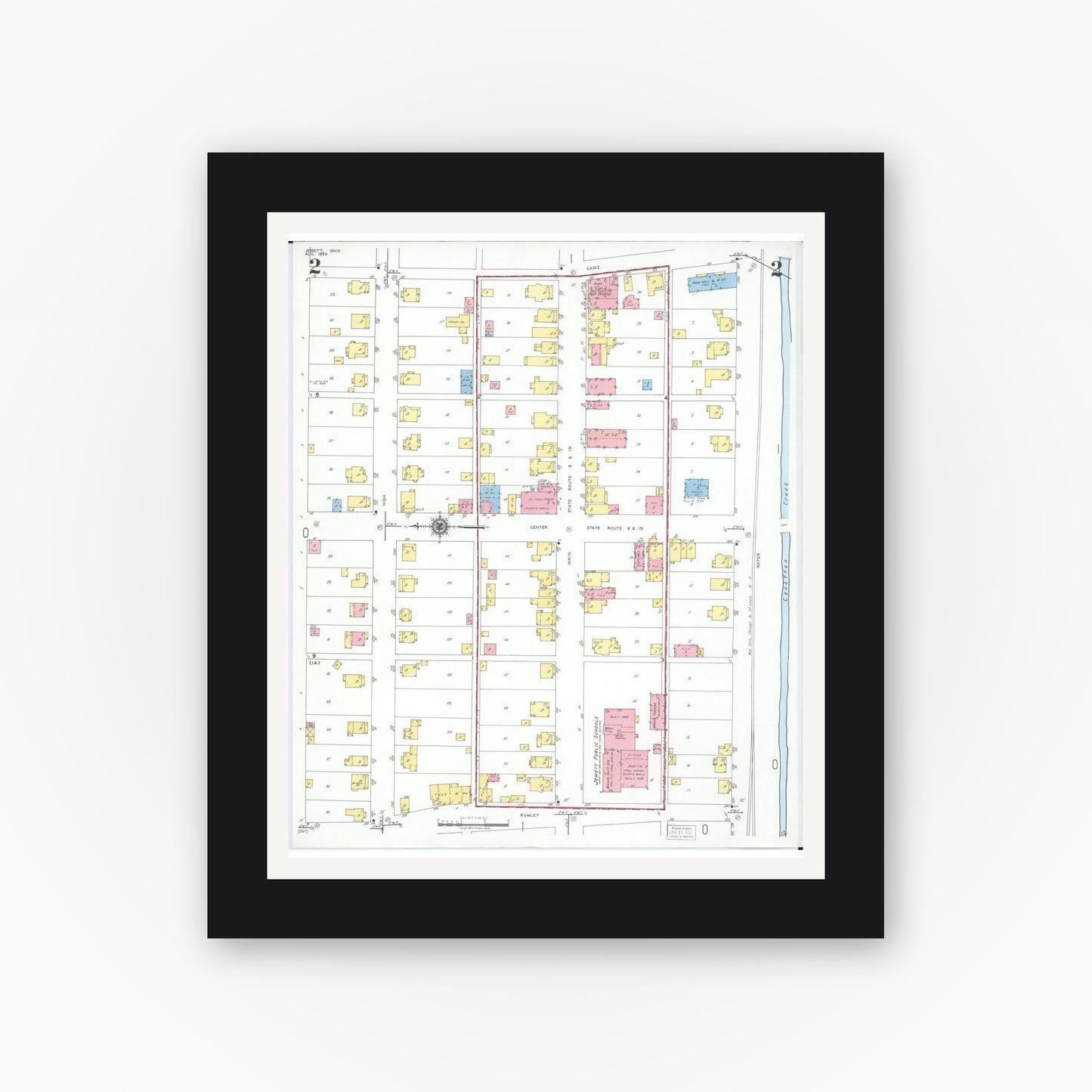 Old map wall art mockup — black gallery frame with white mat — Sanborn Fire Insurance Map from Jewett, Harrison County, Ohio (1950), Sheet #0002