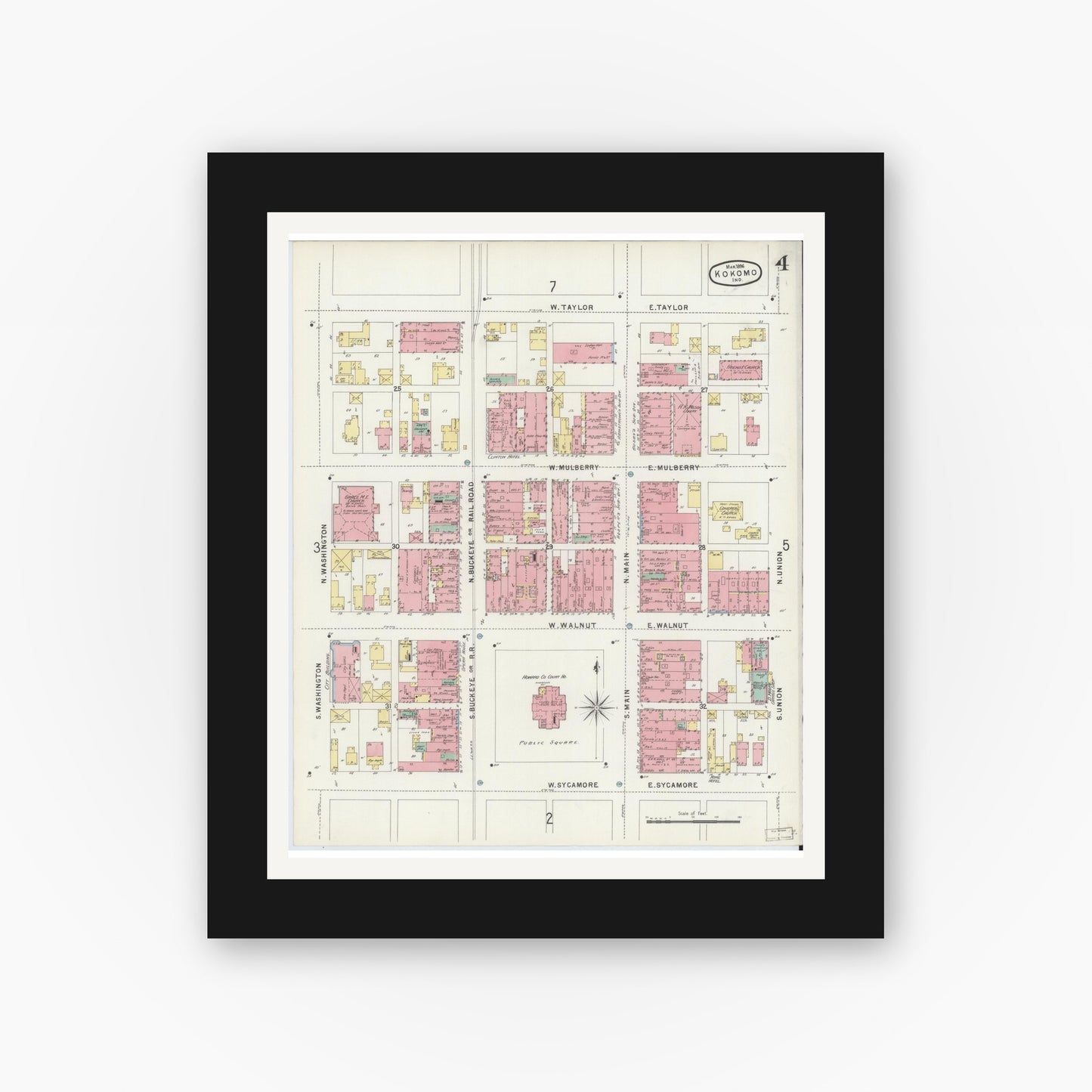 Old map wall art mockup — black gallery frame with white mat — Sanborn Fire Insurance Map from Kokomo, Howard County, Indiana (1896), Sheet #0004