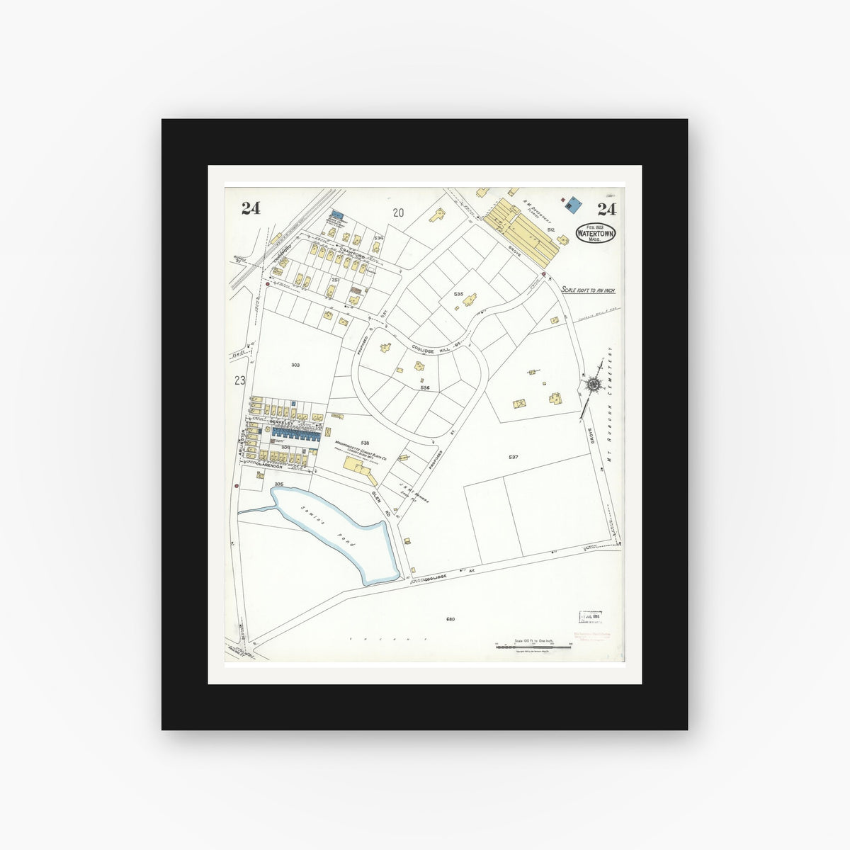 Old map wall art mockup — black gallery frame with white mat — Sanborn Fire Insurance Map from Watertown, Middlesex County, Massachusetts (1923), Sheet #0024