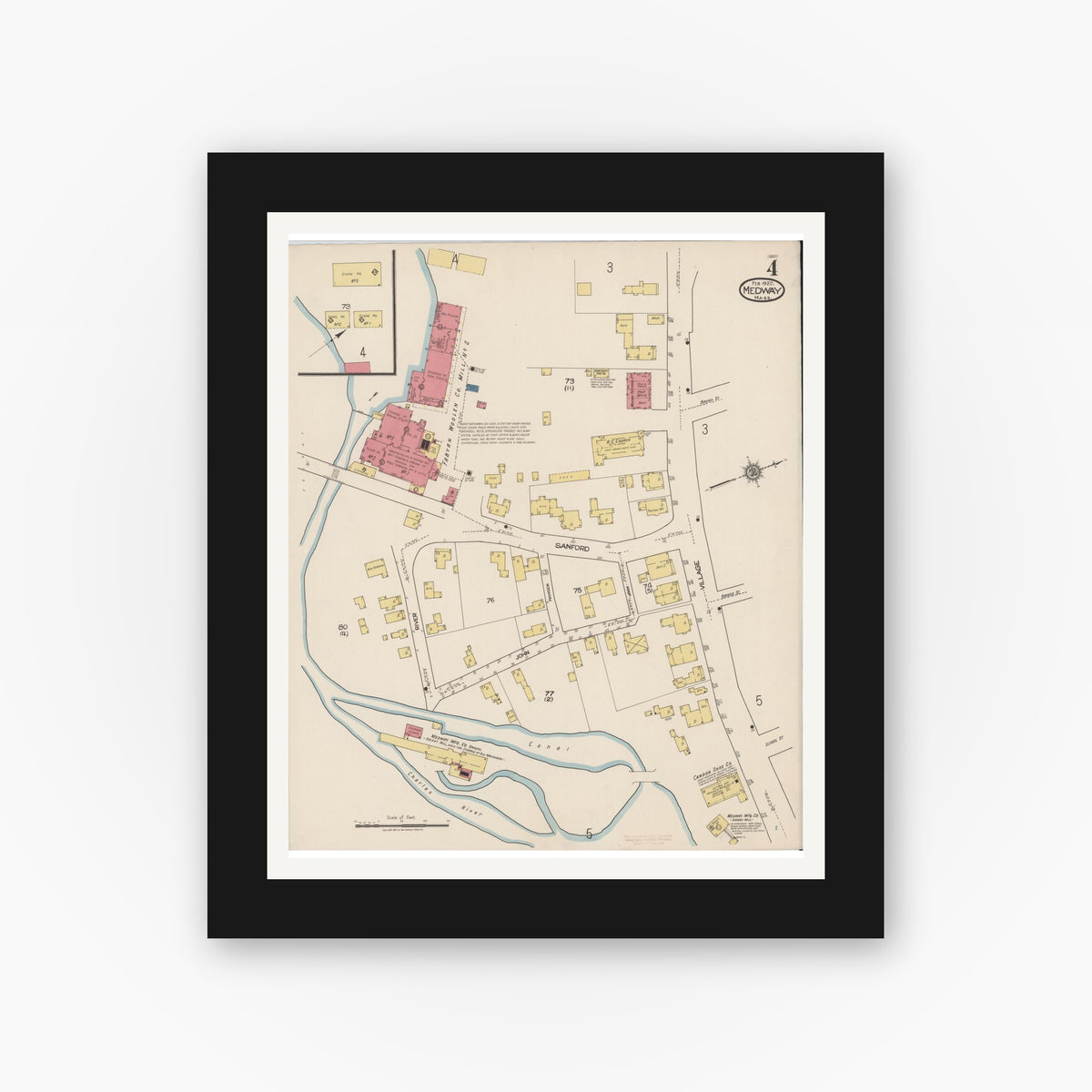 Old map wall art mockup — black gallery frame with white mat — Sanborn Fire Insurance Map from Medway, Norfolk County, Massachusetts (1922), Sheet #0004