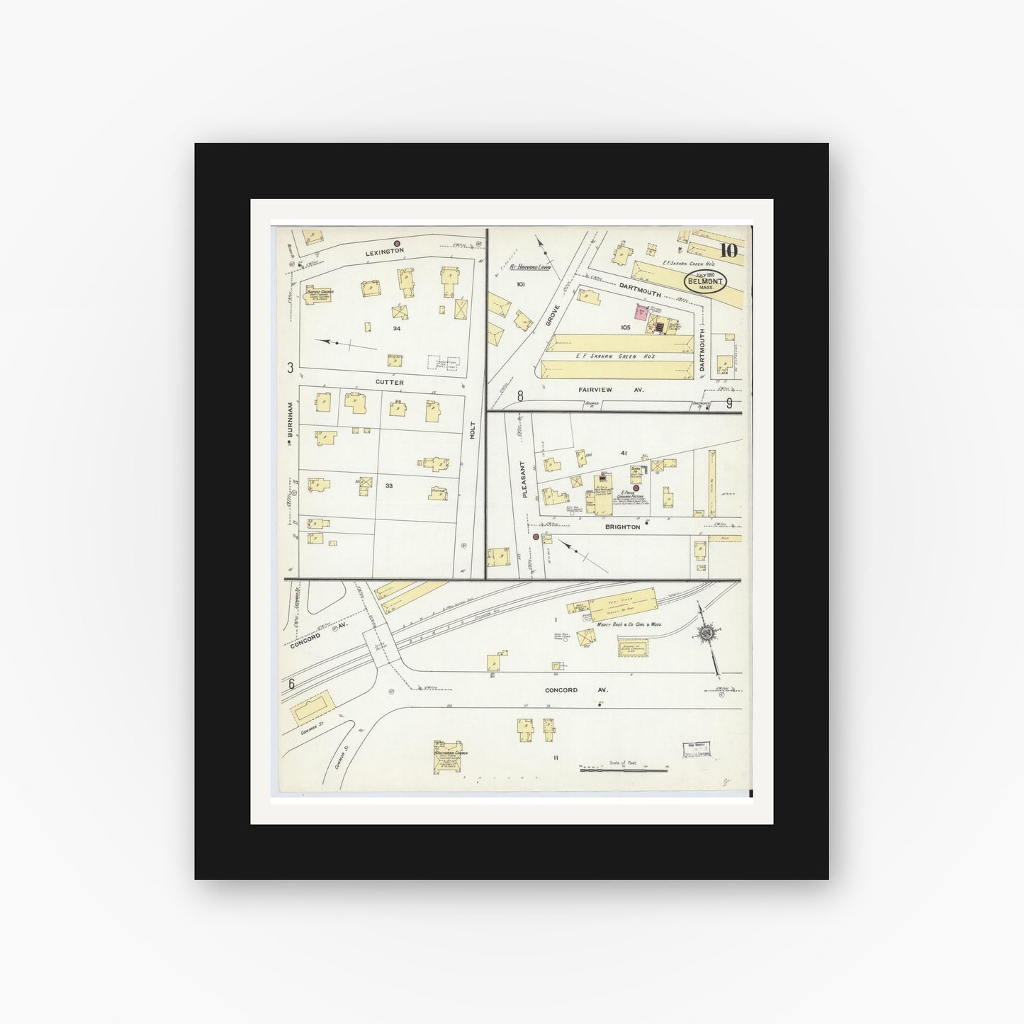 Old map wall art mockup — black gallery frame with white mat — Sanborn Fire Insurance Map from Belmont, Middlesex County, Massachusetts (1910), Sheet #0010