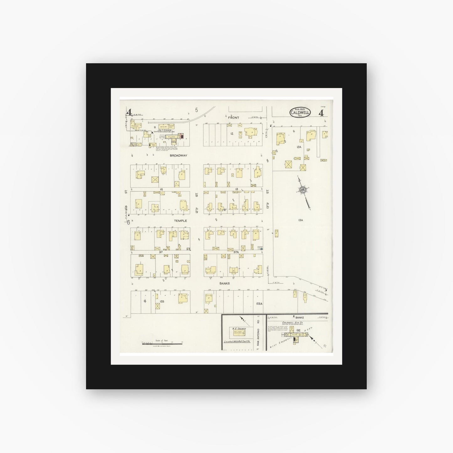 Old map wall art mockup — black gallery frame with white mat — Sanborn Fire Insurance Map from Caldwell, Burleson County, Texas (1925), Sheet #0004
