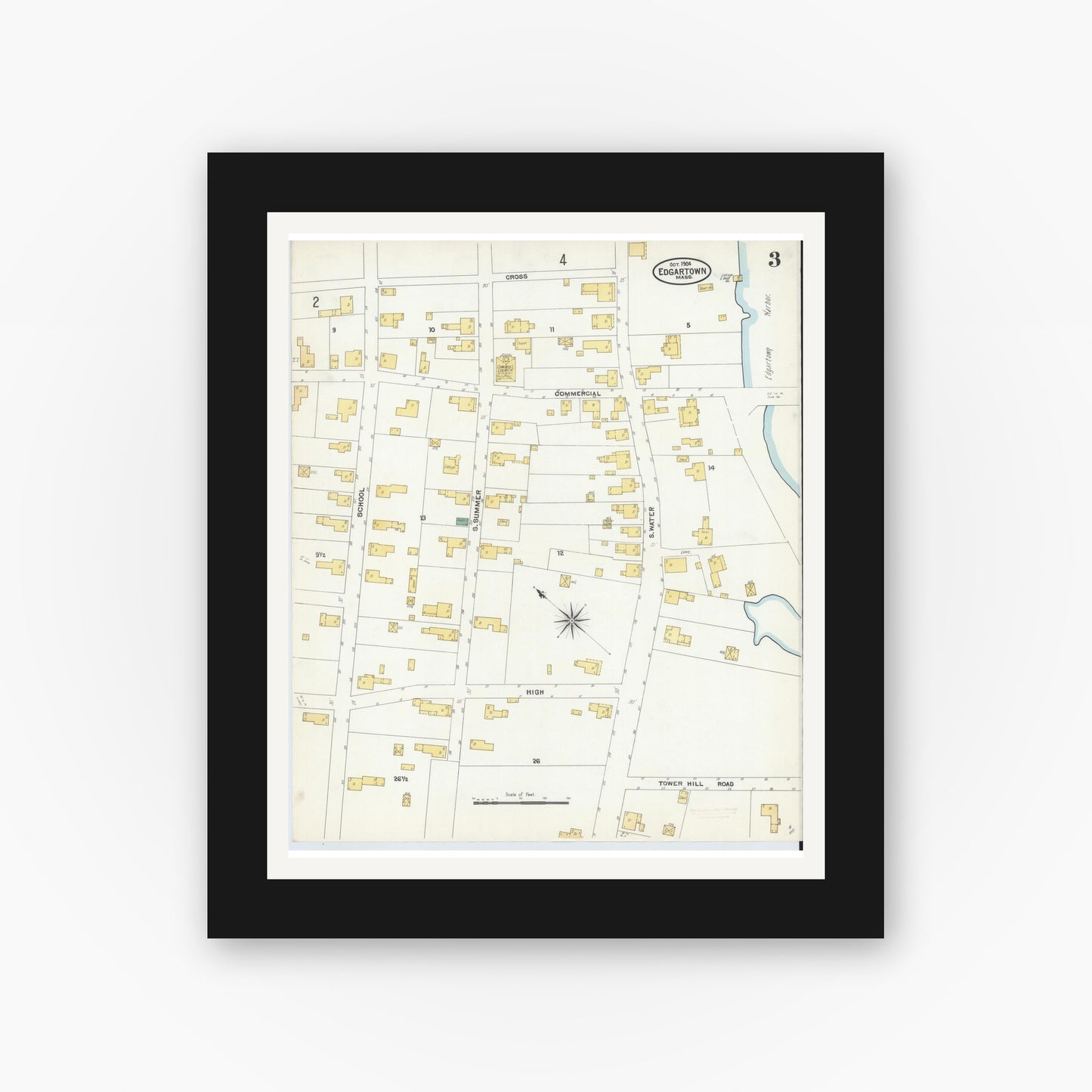 Old map wall art mockup — black gallery frame with white mat — Sanborn Fire Insurance Map from Edgartown, Dukes County, Massachusetts (1904), Sheet #0003