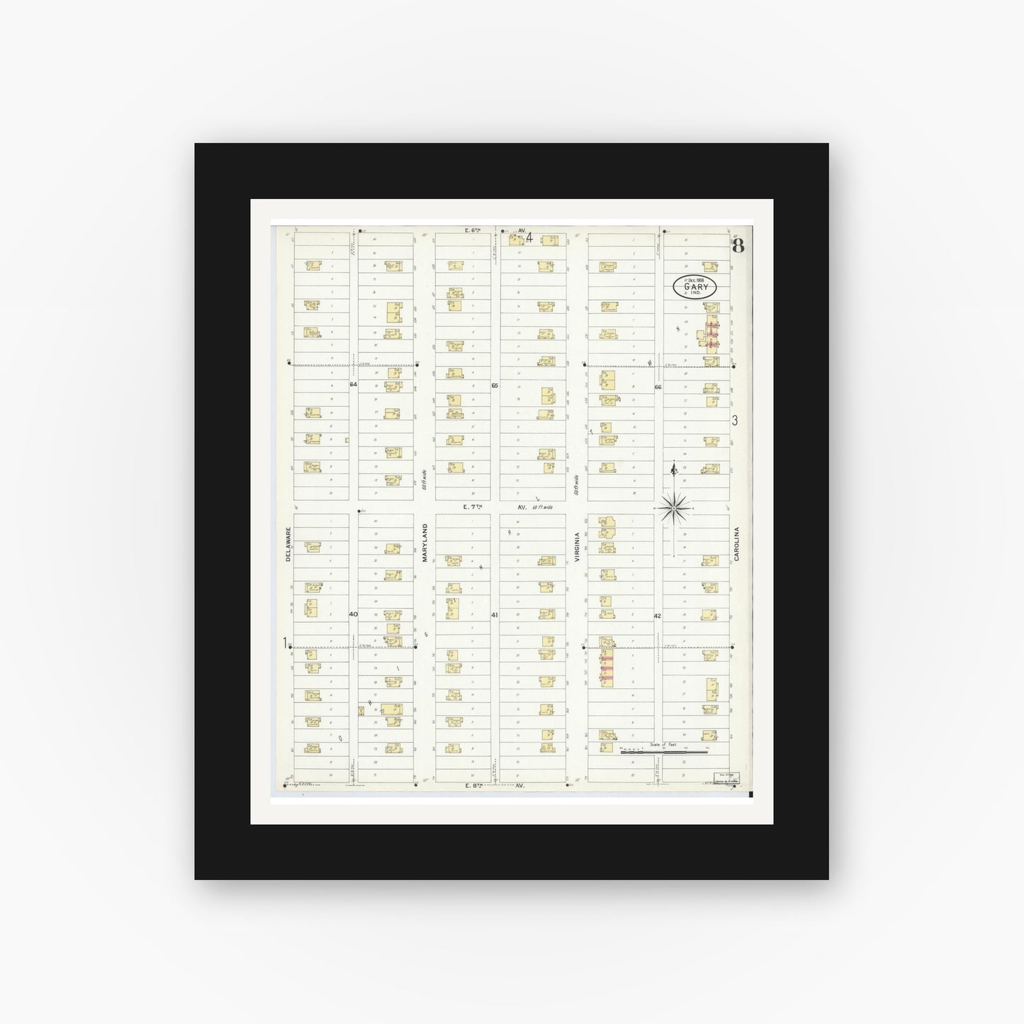 Old map wall art mockup — black gallery frame with white mat — Sanborn Fire Insurance Map from Gary, Lake County, Indiana (1908), Sheet #0008