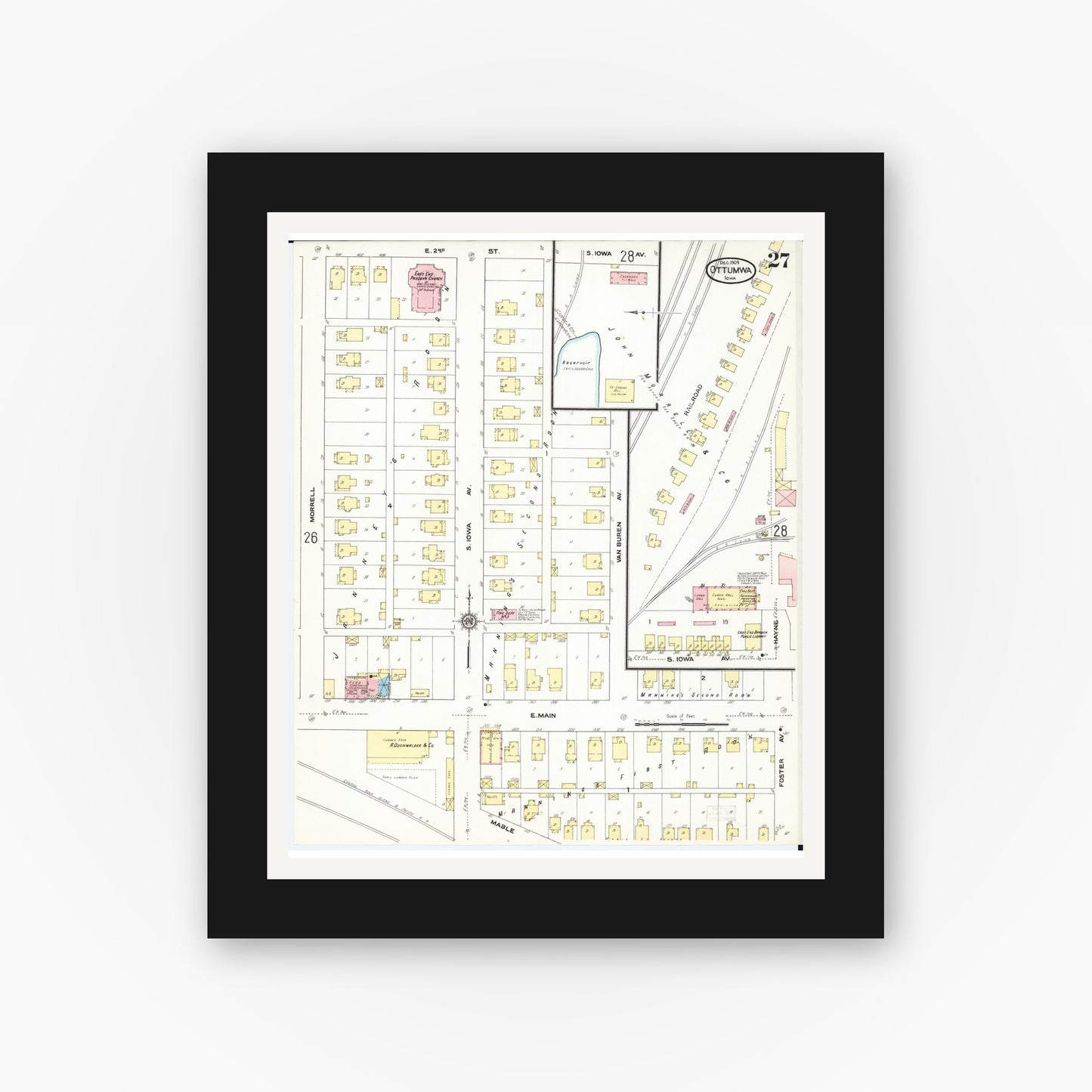 Old map wall art mockup β black gallery frame with white mat β Sanborn Fire Insurance Map from Ottumwa, Wapello County, Iowa (1909), Sheet #0027