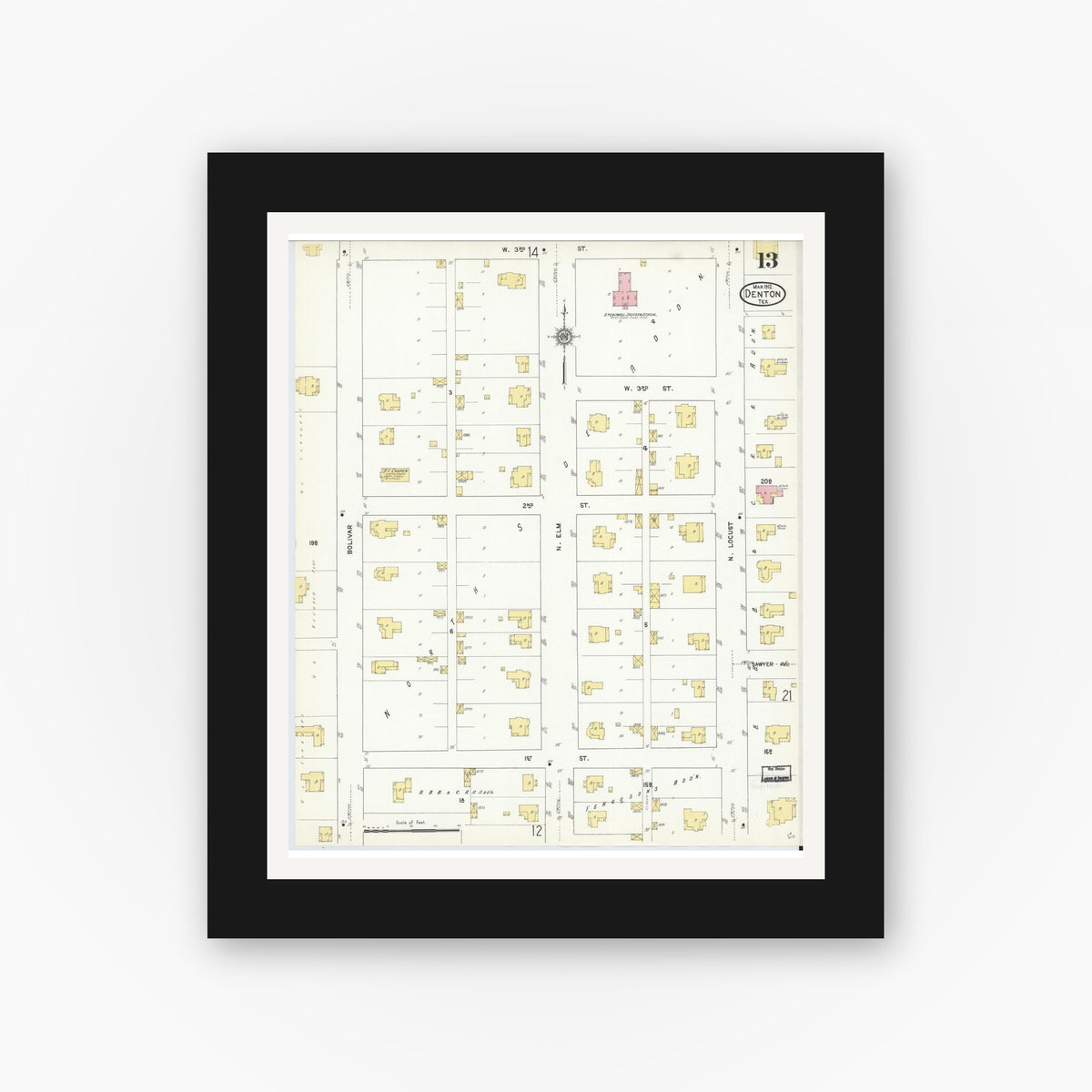 Old map wall art mockup — black gallery frame with white mat — Sanborn Fire Insurance Map from Denton, Denton County, Texas (1912), Sheet #0013