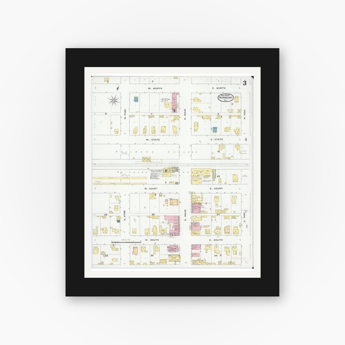 Old map wall art mockup — black gallery frame with white mat — Sanborn Fire Insurance Map from Fairmount, Vermilion County, Illinois (1909), Sheet #0003