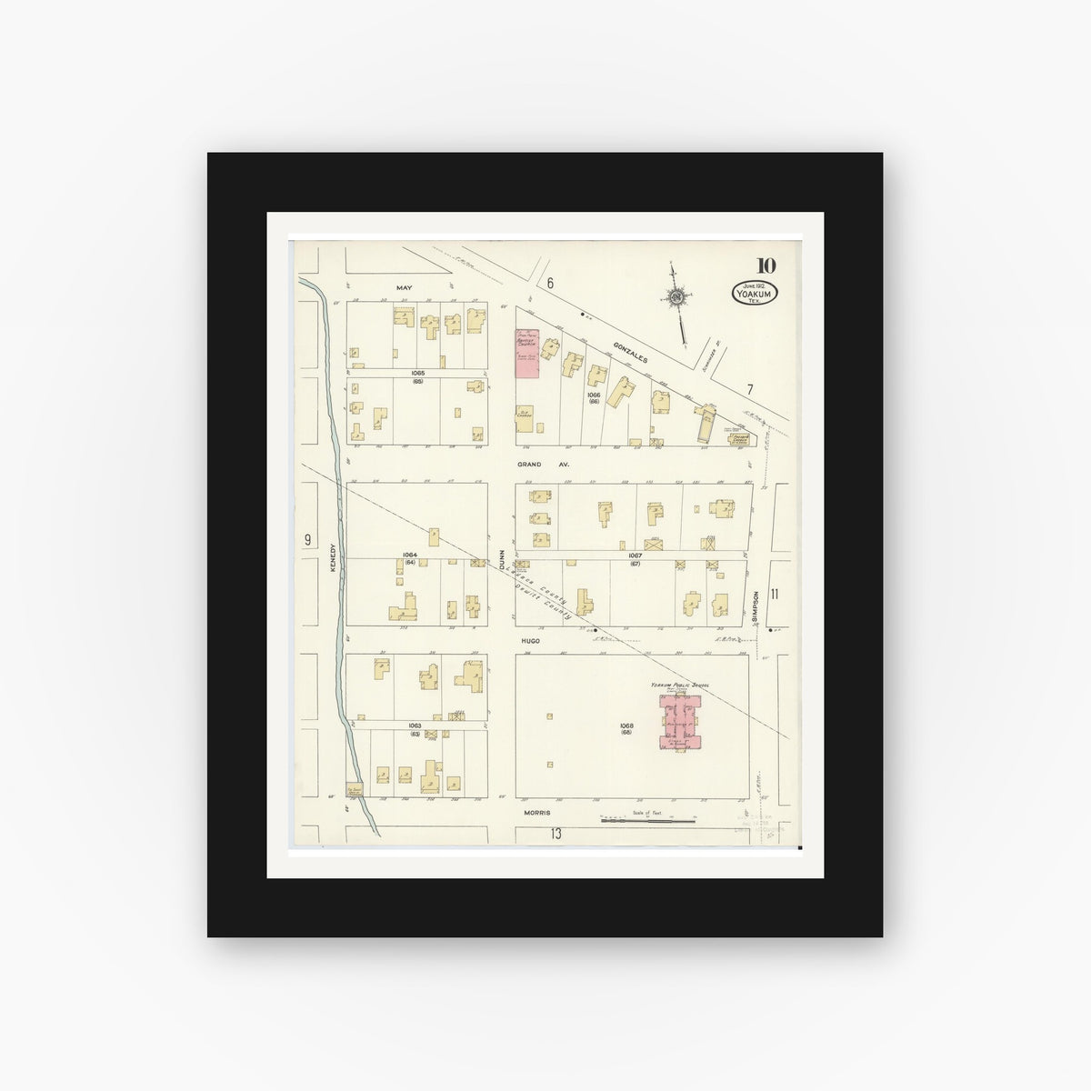 Old map wall art mockup — black gallery frame with white mat — Sanborn Fire Insurance Map from Yoakum, De Witt And Lavaca Counties, Texas (1912), Sheet #0010