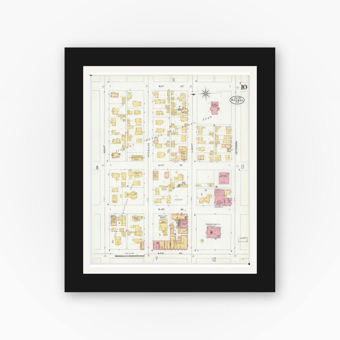 Old map wall art mockup — black gallery frame with white mat — Sanborn Fire Insurance Map from Wausau, Marathon County, Wisconsin (1904), Sheet #0010