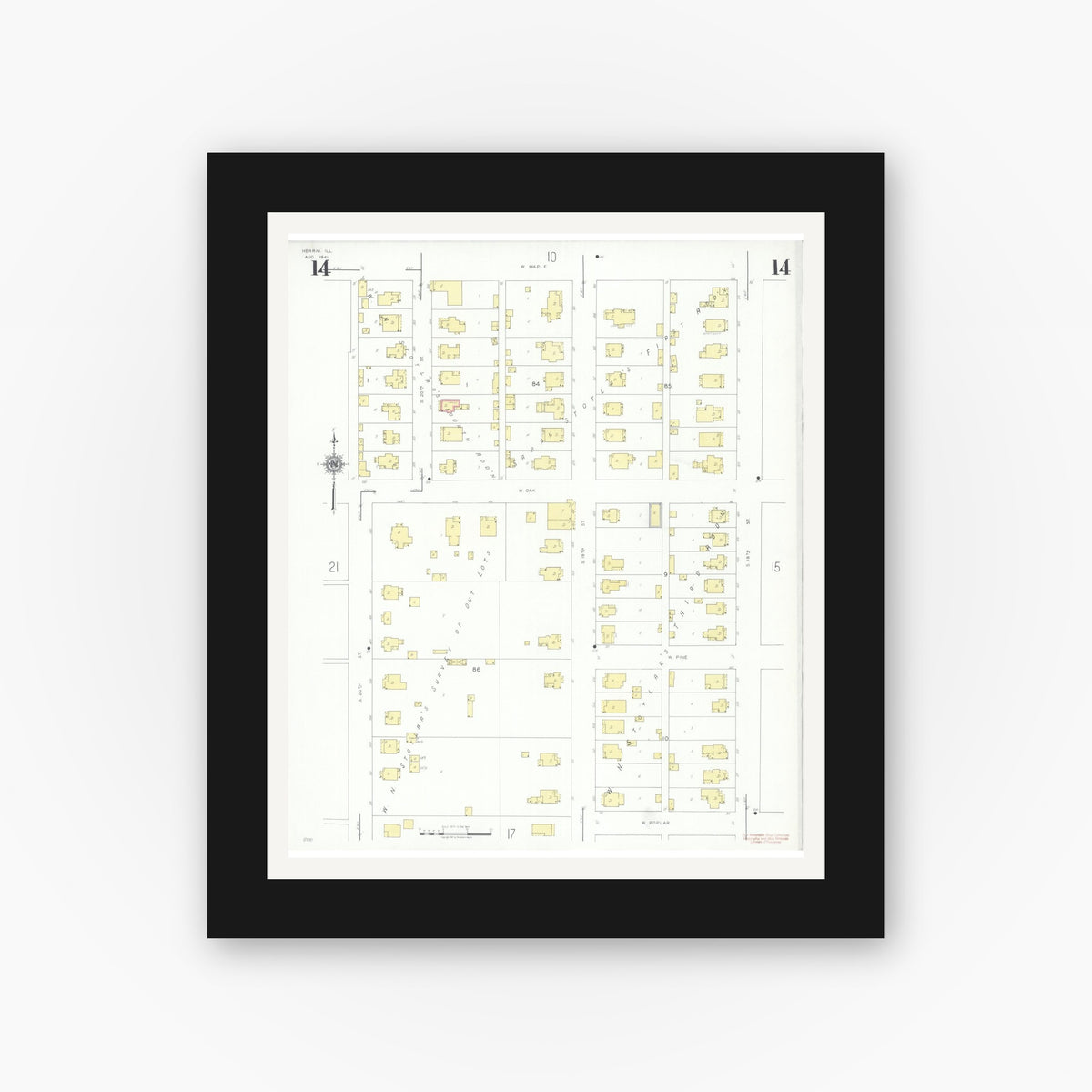 Old map wall art mockup — black gallery frame with white mat — Sanborn Fire Insurance Map from Herrin, Williamson County, Illinois (1941), Sheet #0014