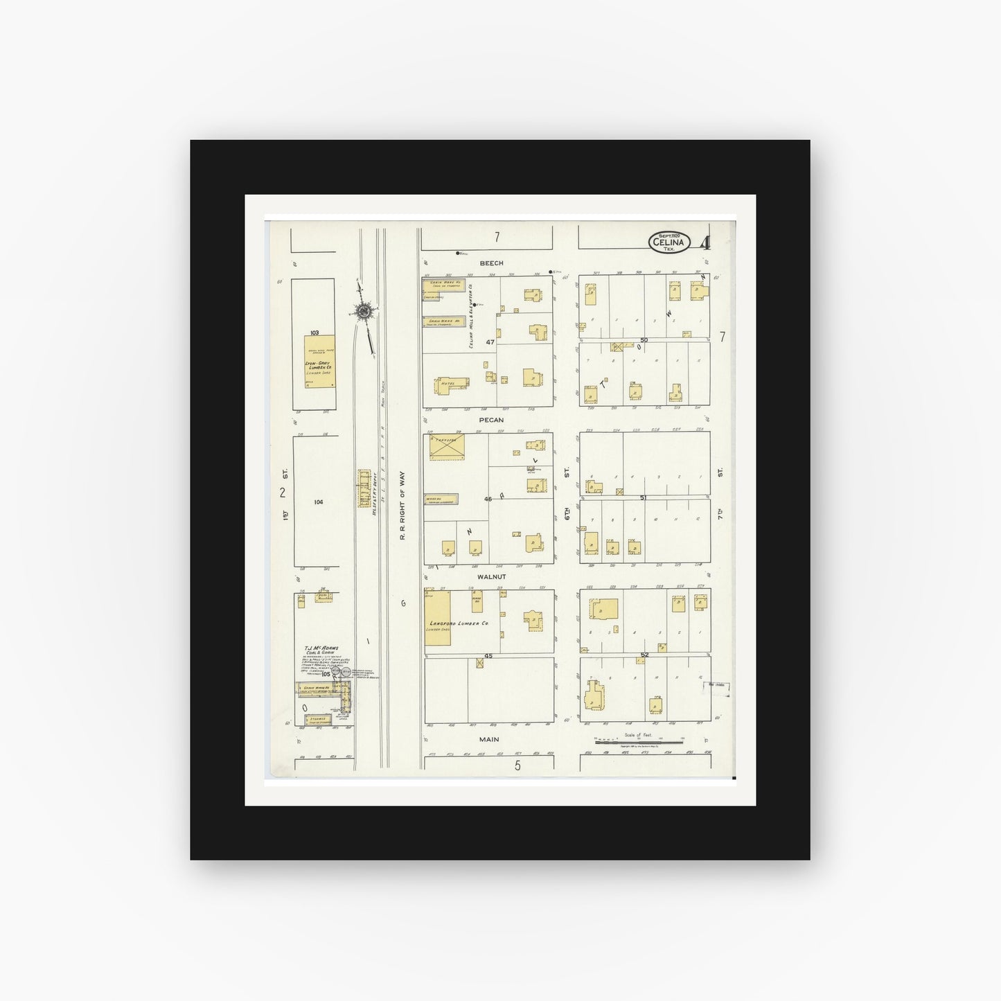Old map wall art mockup — black gallery frame with white mat — Sanborn Fire Insurance Map from Celina, Collin County, Texas (1920), Sheet #0004