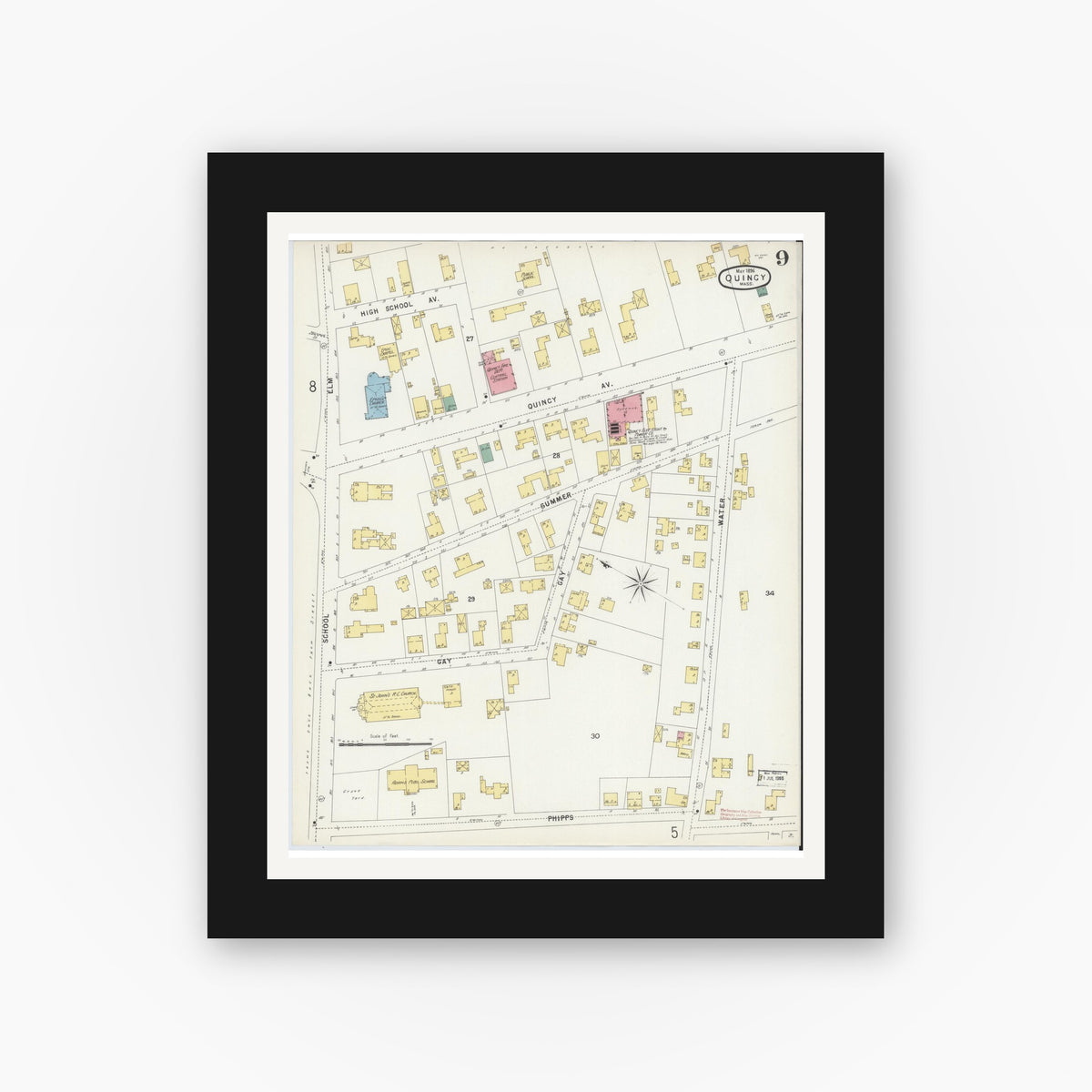 Old map wall art mockup — black gallery frame with white mat — Sanborn Fire Insurance Map from Quincy, Norfolk County, Massachusetts (1896), Sheet #0009