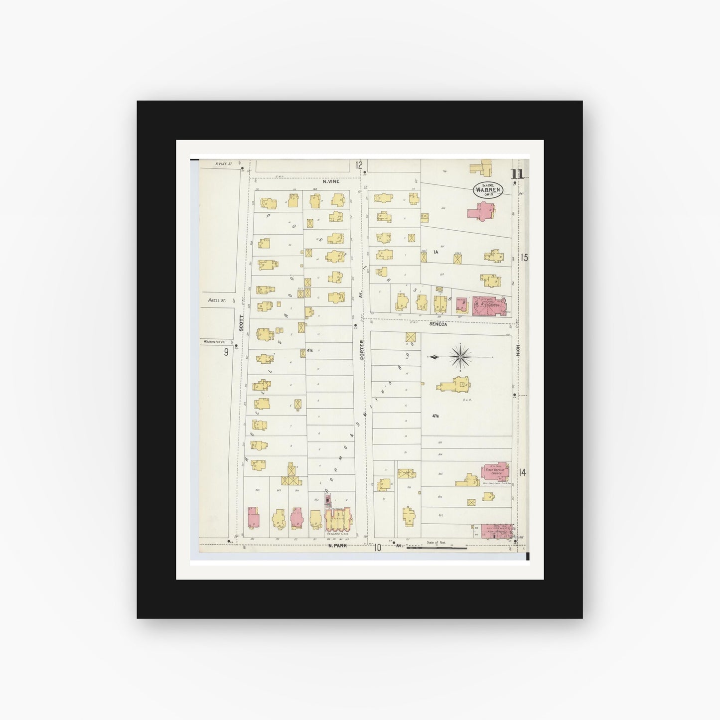 Old map wall art mockup — black gallery frame with white mat — Sanborn Fire Insurance Map from Warren, Trumbull County, Ohio (1902), Sheet #0011