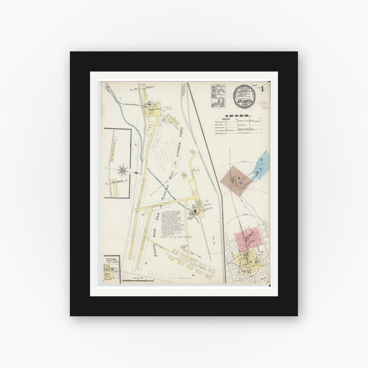 Old map wall art mockup — black gallery frame with white mat — Sanborn Fire Insurance Map from Atlanta, Cass County, Texas (1890), Sheet #0001