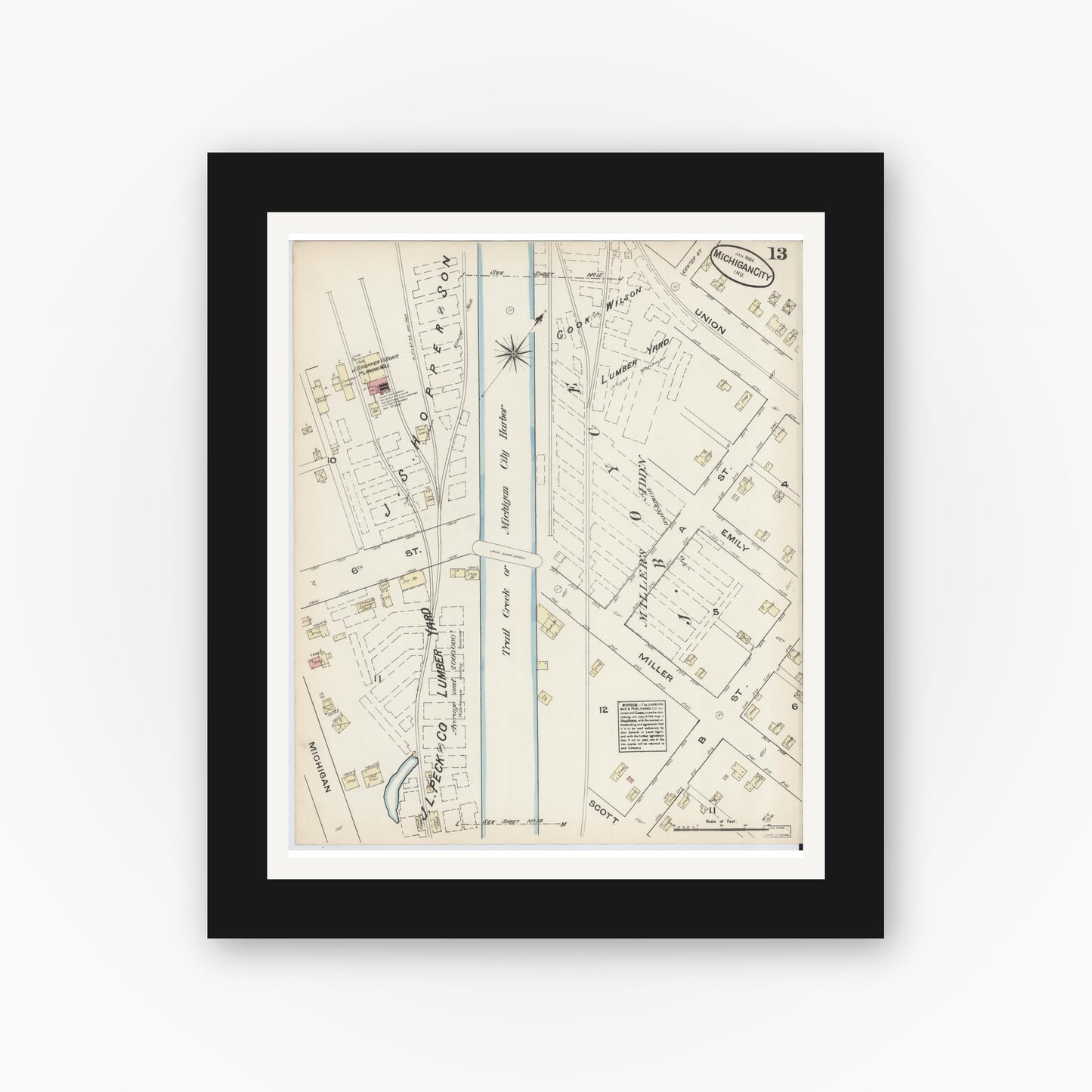 Old map wall art mockup — black gallery frame with white mat — Sanborn Fire Insurance Map from Michigan City, La Porte County, Indiana (1884), Sheet #0013