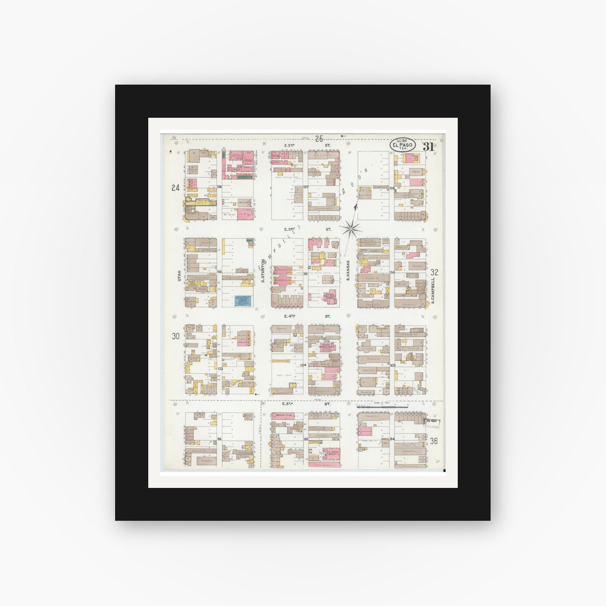 Old map wall art mockup — black gallery frame with white mat — Sanborn Fire Insurance Map from El Paso, El Paso County, Texas (1905), Sheet #0031