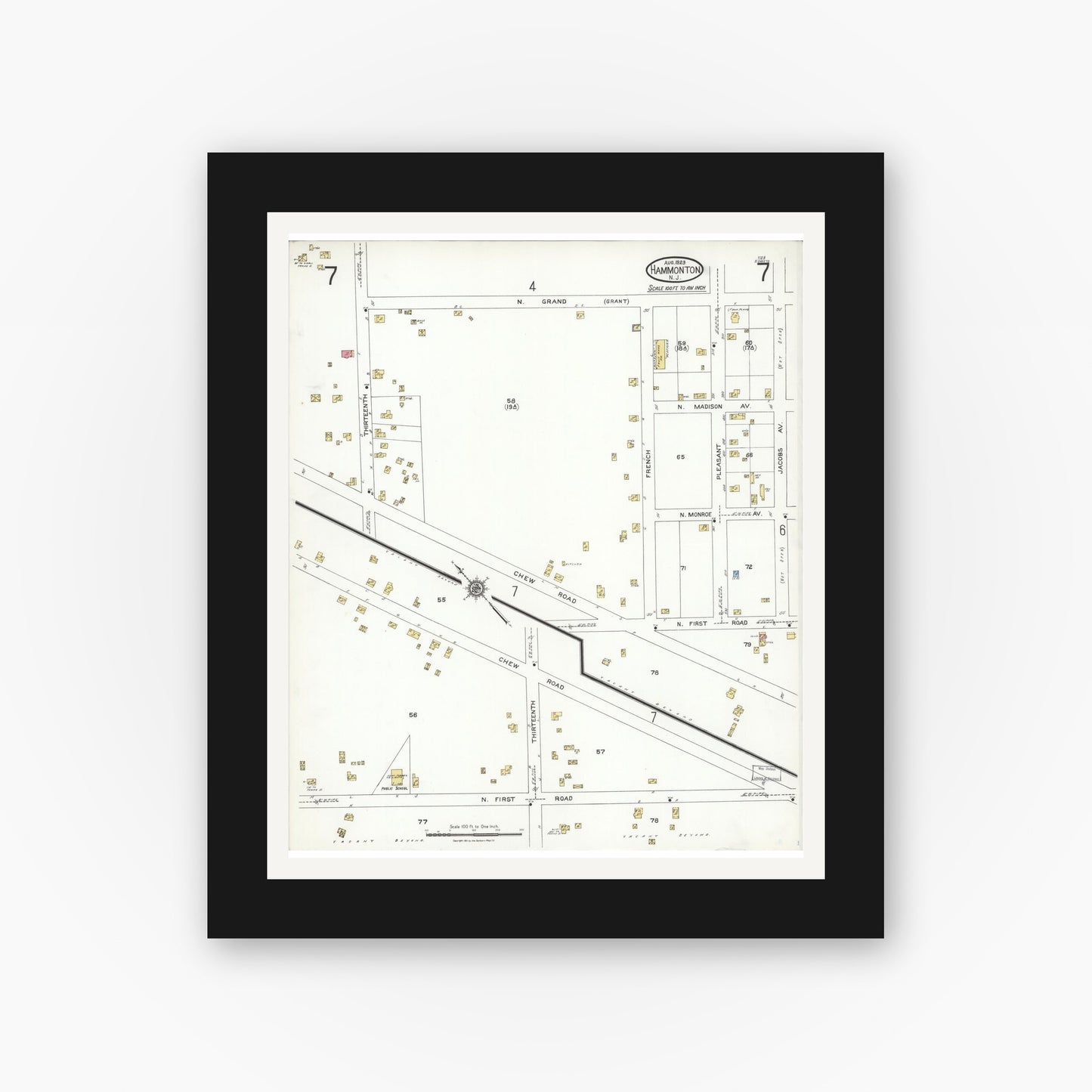Old map wall art mockup — black gallery frame with white mat — Sanborn Fire Insurance Map from Hammonton, Atlantic County, New Jersey (1923), Sheet #0007