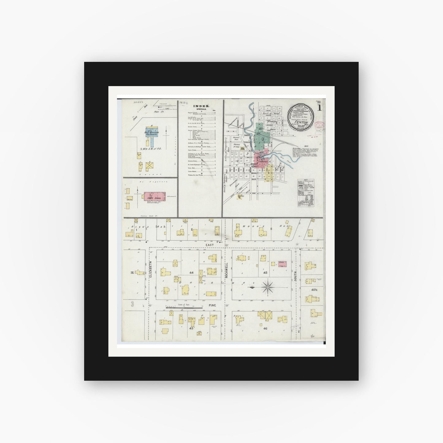 Old map wall art mockup — black gallery frame with white mat — Sanborn Fire Insurance Map from Fenton, Genesee County, Michigan (1895), Sheet #0001