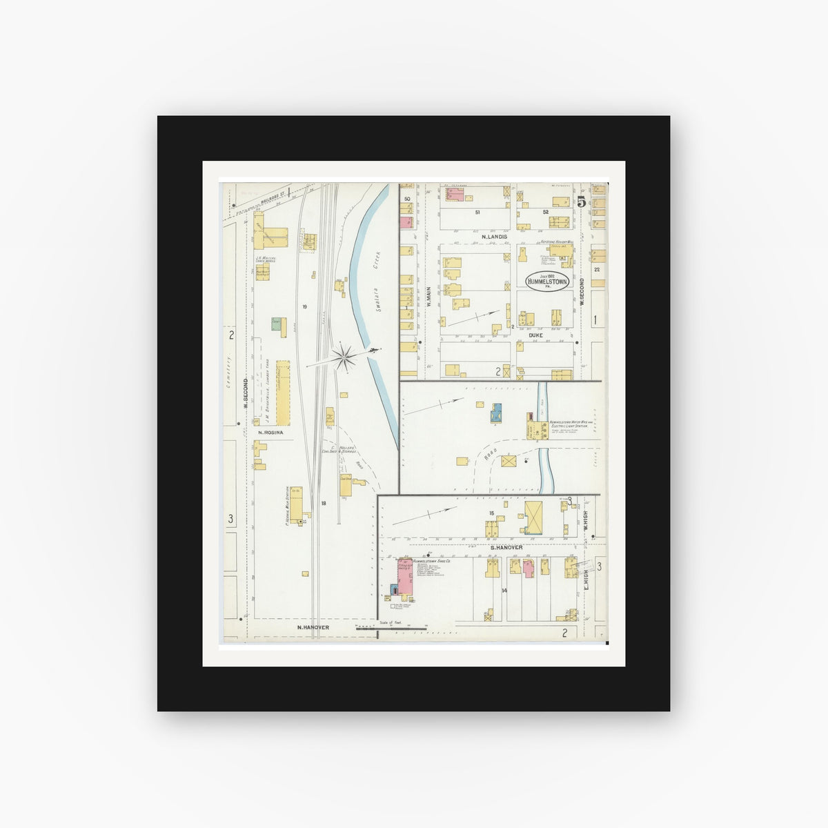 Old map wall art mockup β black gallery frame with white mat β Sanborn Fire Insurance Map from Hummelstown, Dauphin County, Pennsylvania (1902), Sheet #0005