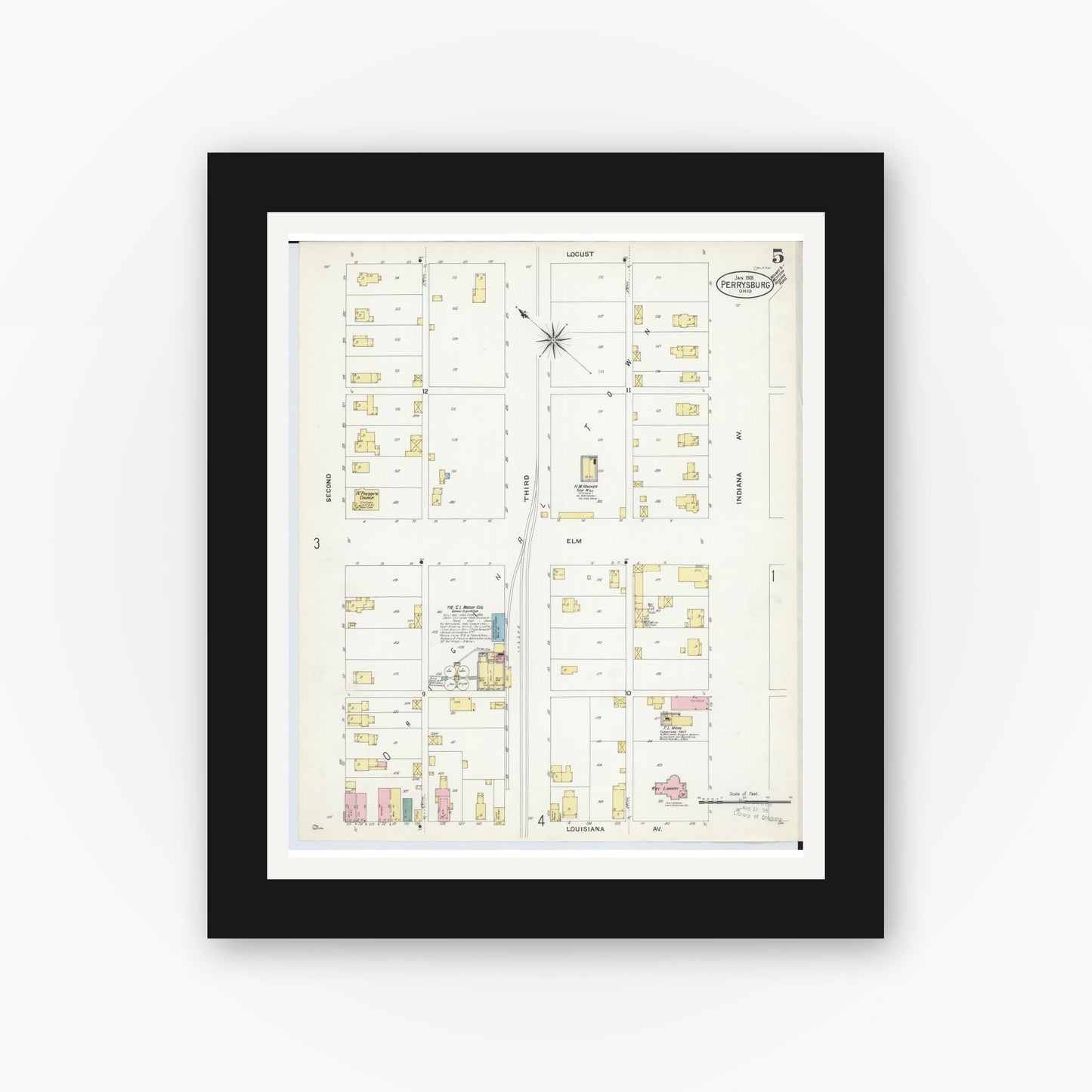 Old map wall art mockup — black gallery frame with white mat — Sanborn Fire Insurance Map from Perrysburg, Wood County, Ohio (1908), Sheet #0005