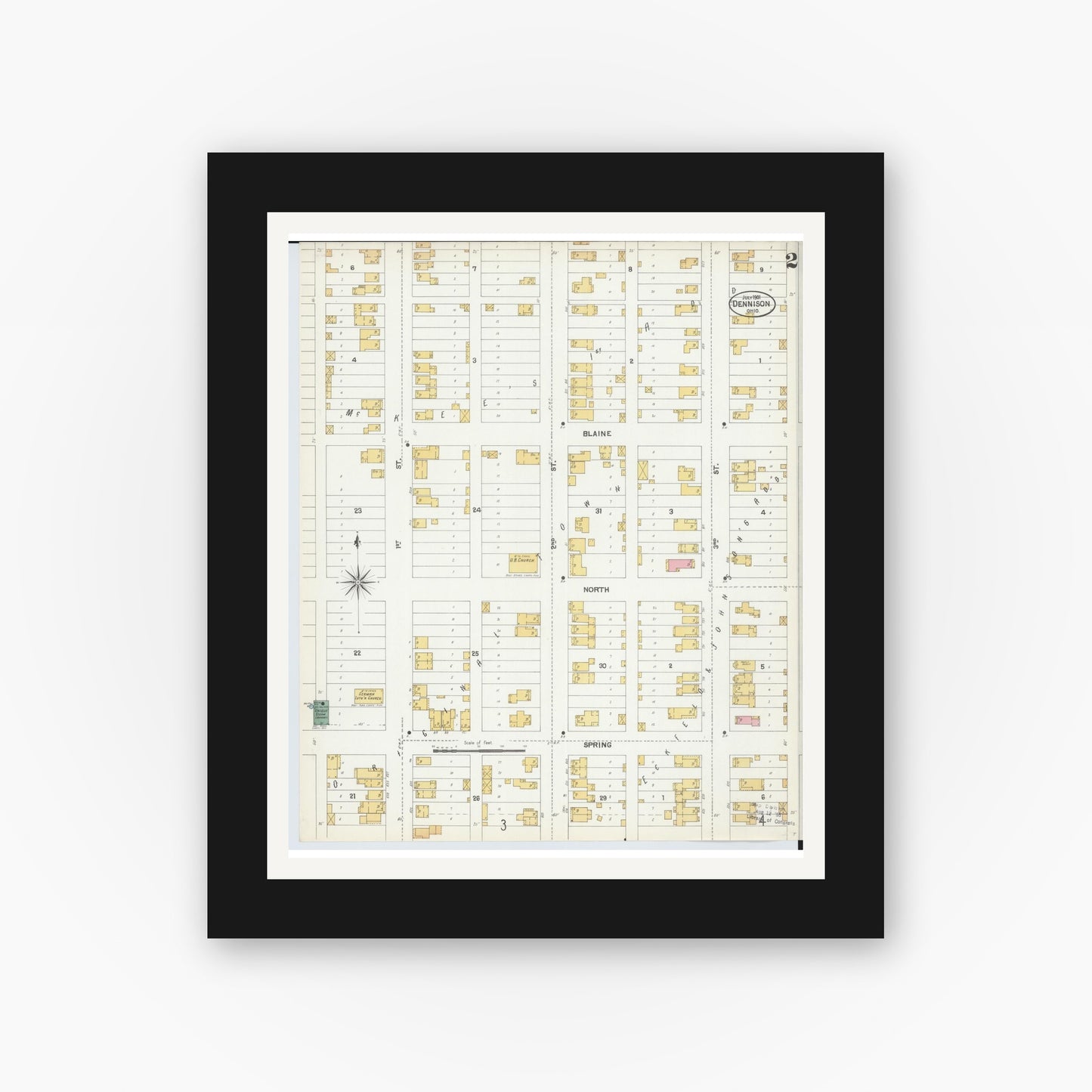 Old map wall art mockup — black gallery frame with white mat — Sanborn Fire Insurance Map from Dennison, Tuscarawas County, Ohio (1901), Sheet #0002