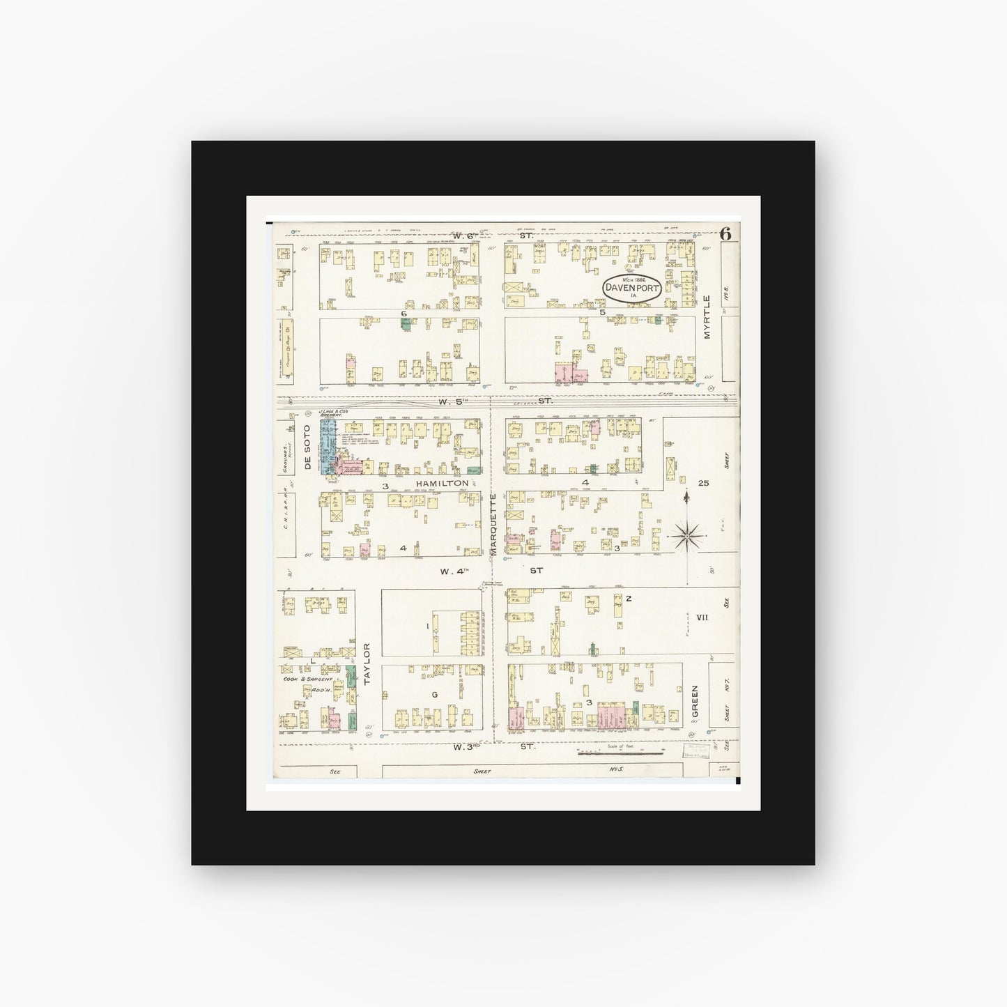 Old map wall art mockup β black gallery frame with white mat β Sanborn Fire Insurance Map from Davenport, Scott County, Iowa (1886), Sheet #0006