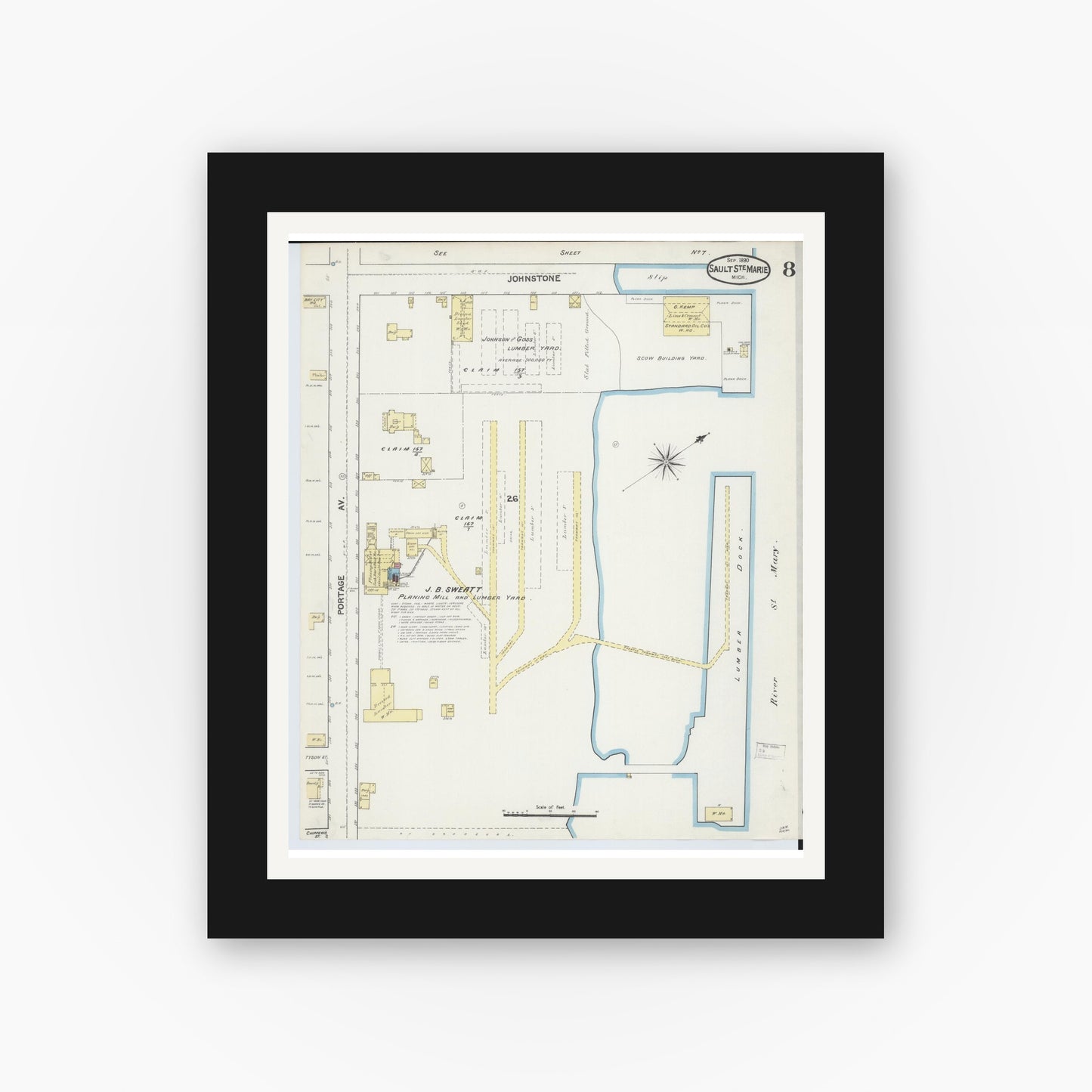 Old map wall art mockup — black gallery frame with white mat — Sanborn Fire Insurance Map from Sault Sainte Marie, Chippewa County, Michigan (1890), Sheet #0008