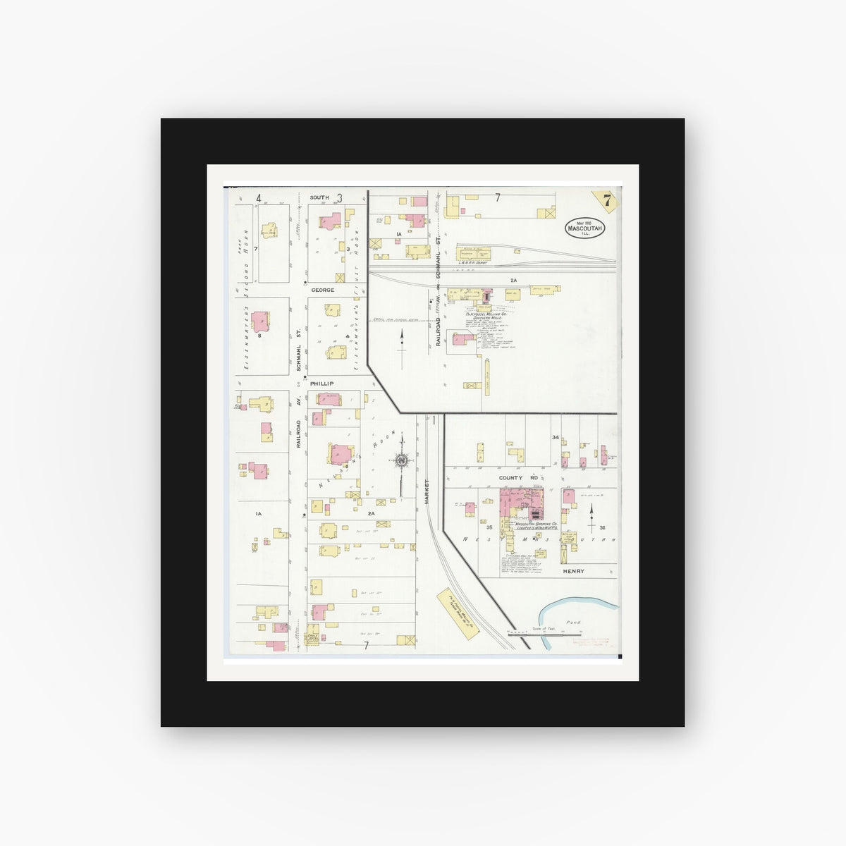 Old map wall art mockup — black gallery frame with white mat — Sanborn Fire Insurance Map from Mascoutah, Saint Clair County, Illinois (1910), Sheet #0007