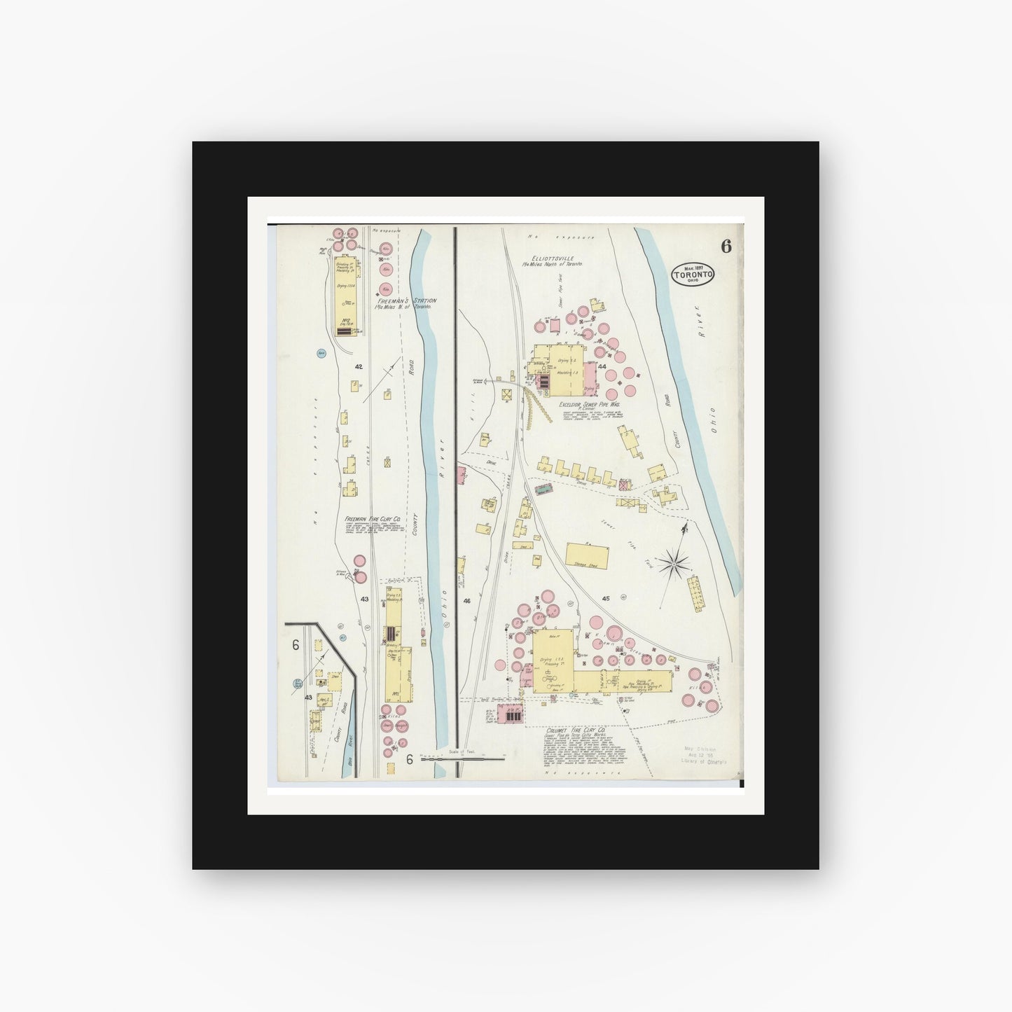 Old map wall art mockup — black gallery frame with white mat — Sanborn Fire Insurance Map from Toronto, Jefferson County, Ohio (1897), Sheet #0006
