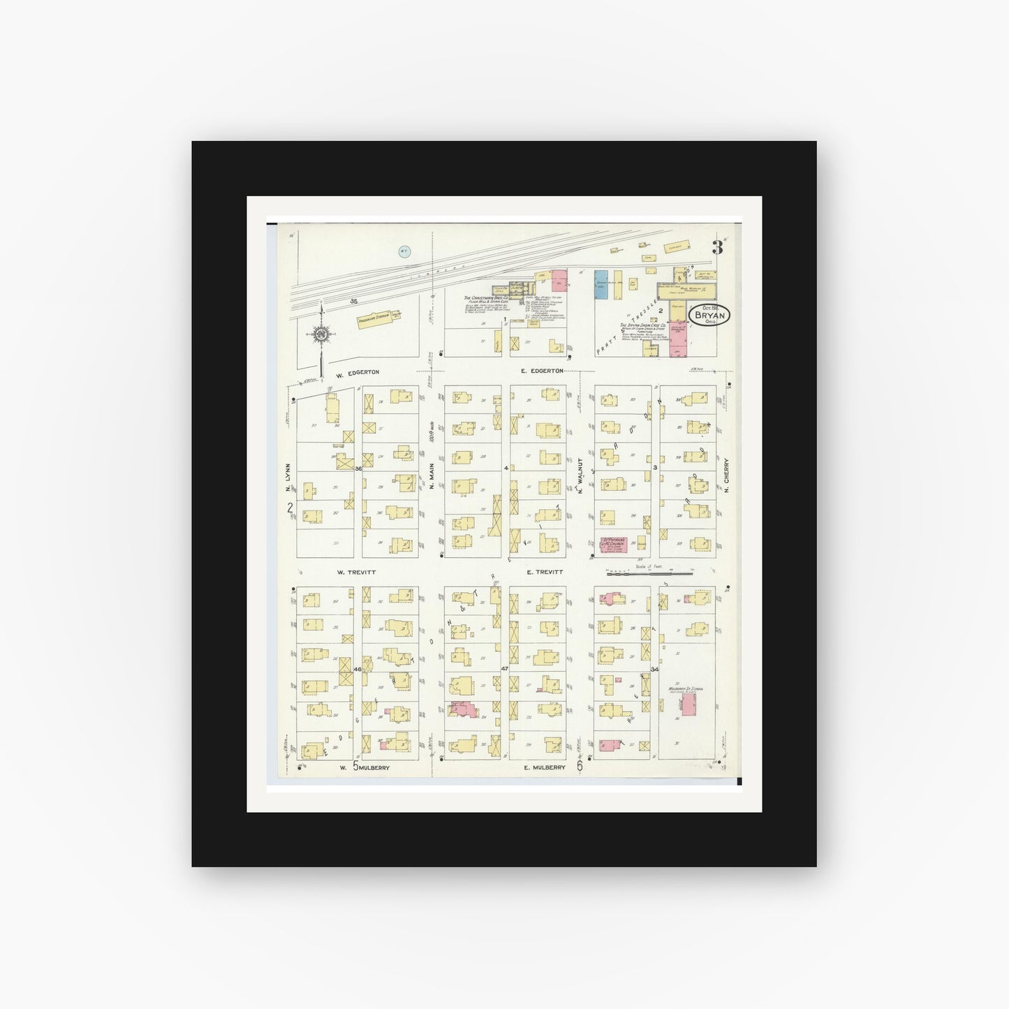 Old map wall art mockup — black gallery frame with white mat — Sanborn Fire Insurance Map from Bryan, Williams County, Ohio (1911), Sheet #0003