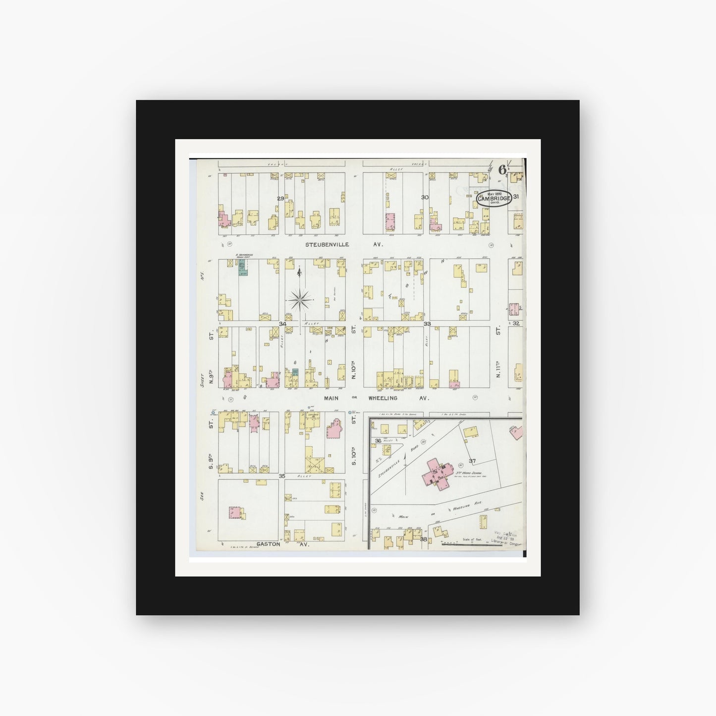Old map wall art mockup — black gallery frame with white mat — Sanborn Fire Insurance Map from Cambridge, Guernsey County, Ohio (1892), Sheet #0006