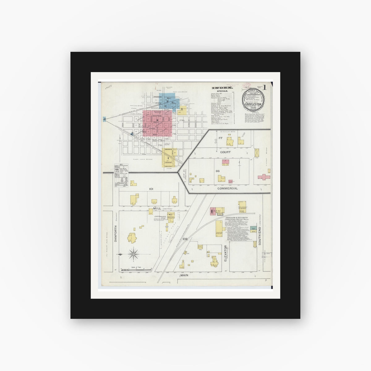Old map wall art mockup — black gallery frame with white mat — Sanborn Fire Insurance Map from Charleston, Mississippi County, Missouri (1893) - Complete Map Set