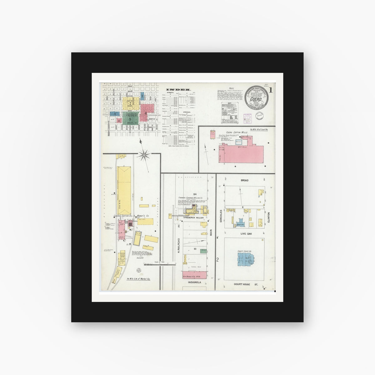 Old map wall art mockup — black gallery frame with white mat — Sanborn Fire Insurance Map from Cuero, De Witt County, Texas (1902), Sheet #0001