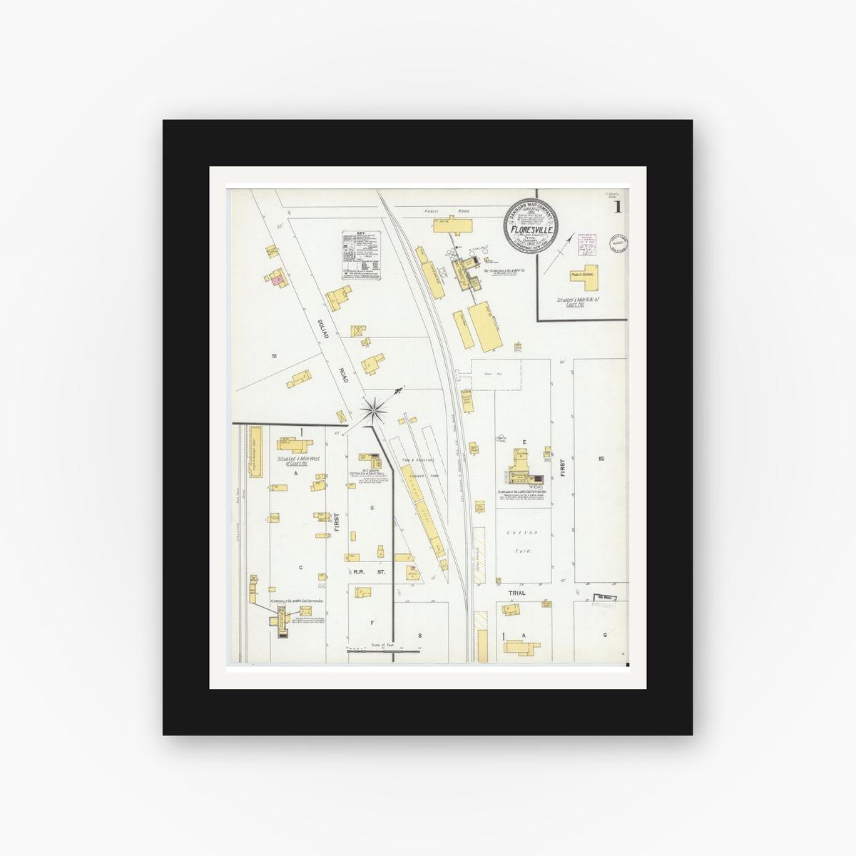 Old map wall art mockup — black gallery frame with white mat — Sanborn Fire Insurance Map from Floresville, Wilson County, Texas (1902), Sheet #0001